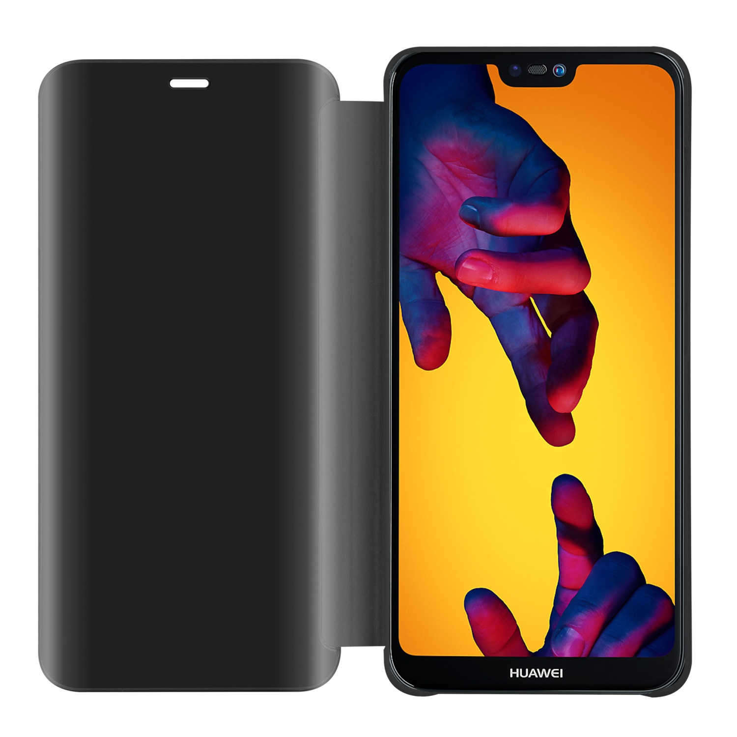 Étui de téléphone noir ouvert, révélant un téléphone avec un arrière-plan coloré. Couvercle noir à gauche.