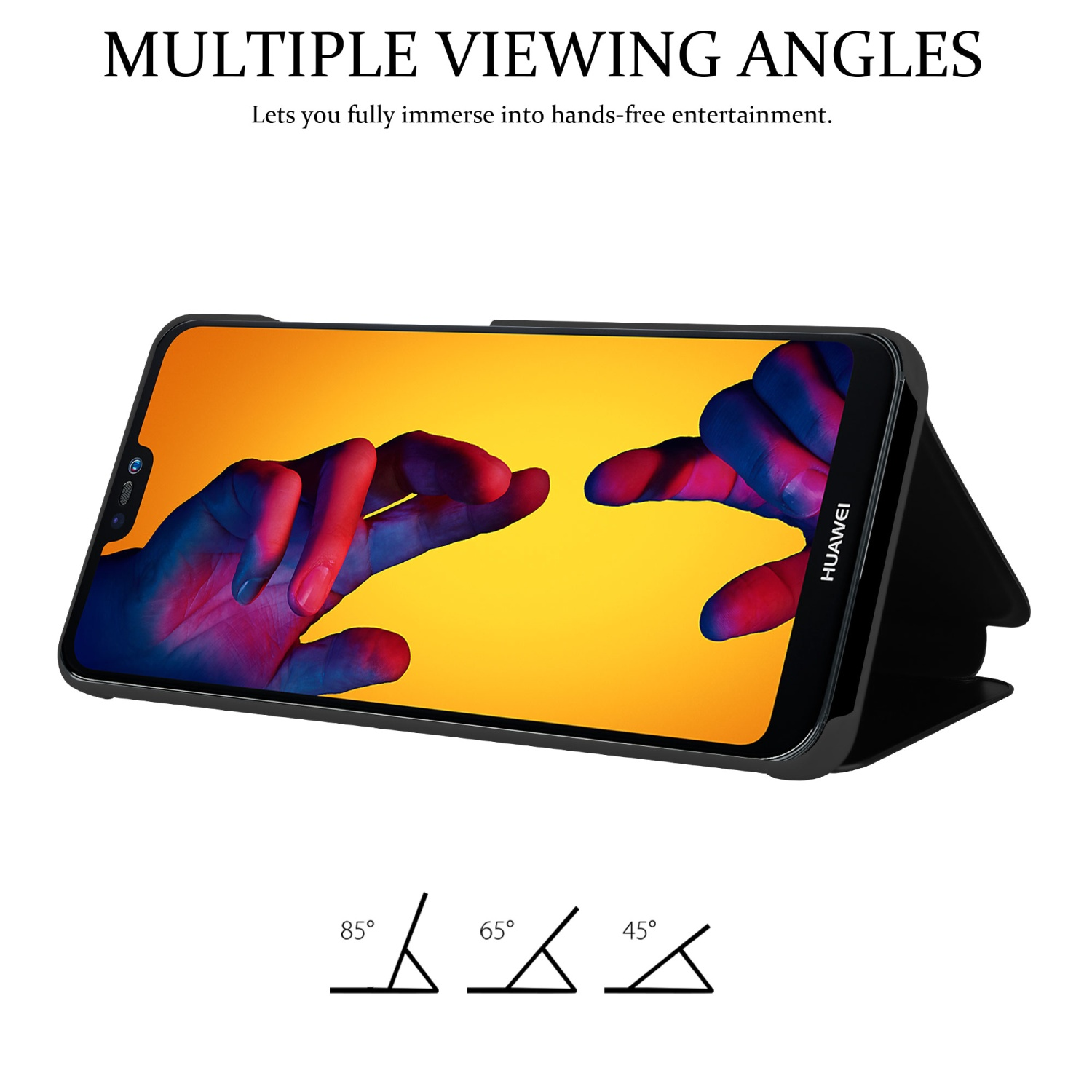 Ein Telefon in einer schwarzen Hülle in verschiedenen Winkeln. Der Text oben lautet Multiple Viewing Angles.