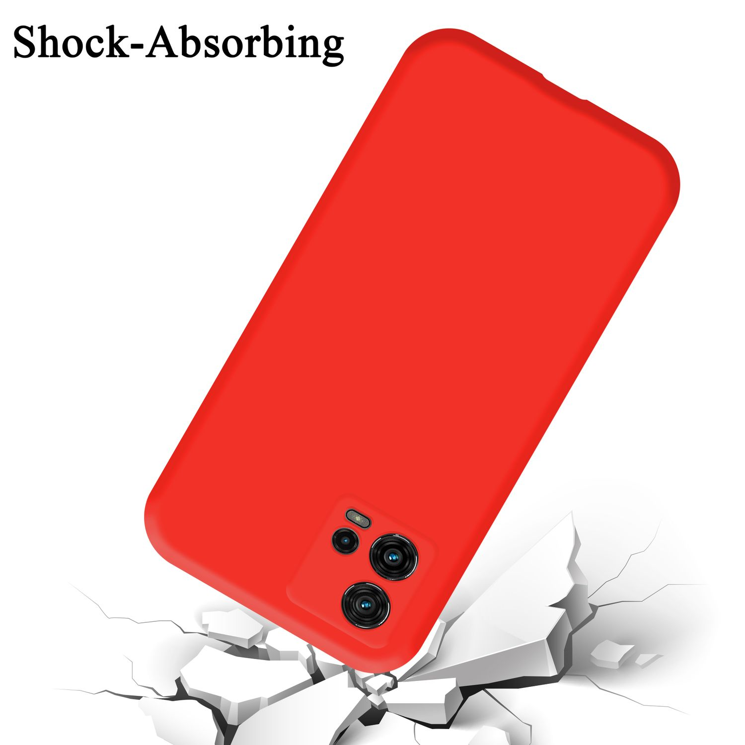 Custodia rossa con effetto crepa e le parole Shock-Assorbente.