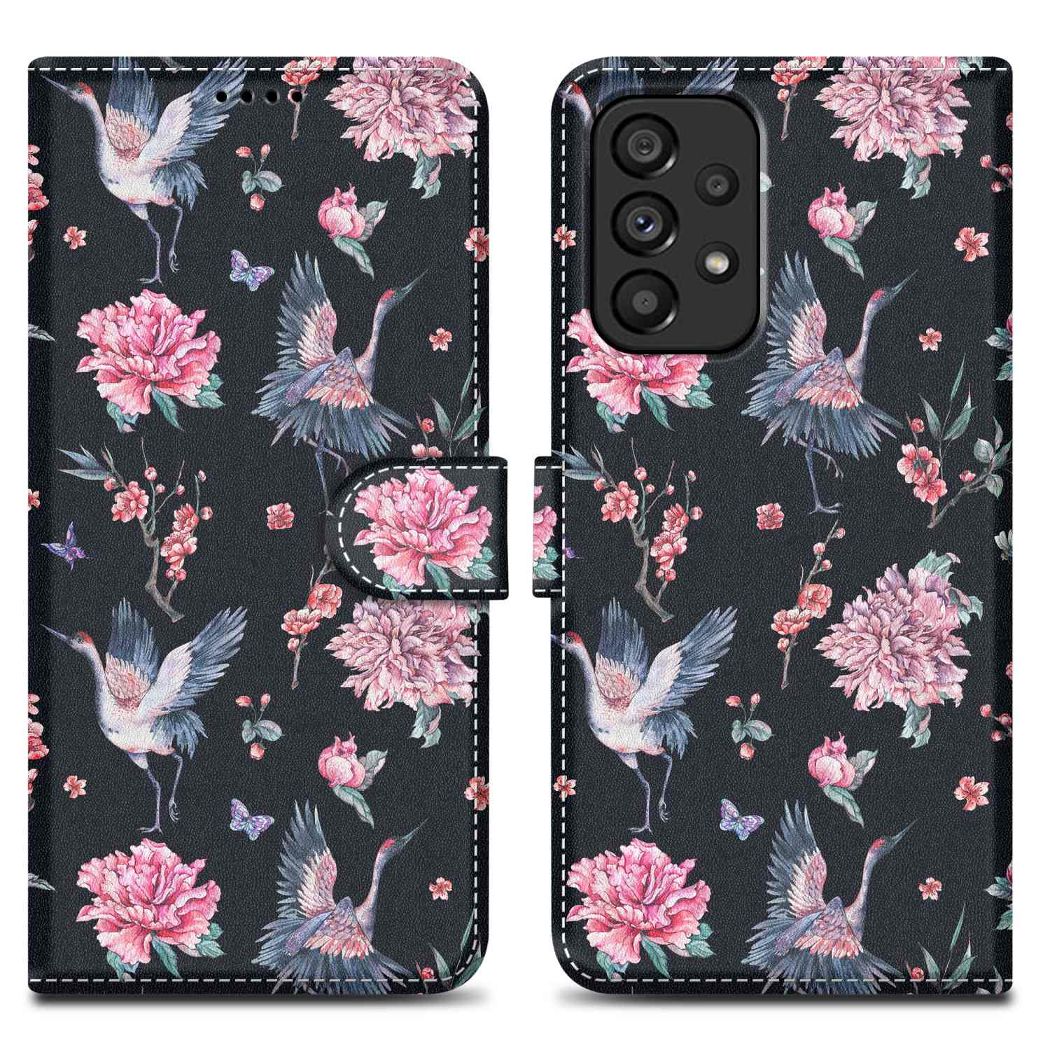 Handyhülle mit floralem Design von Kranichen, Blumen und Schmetterlingen auf dunklem Hintergrund.