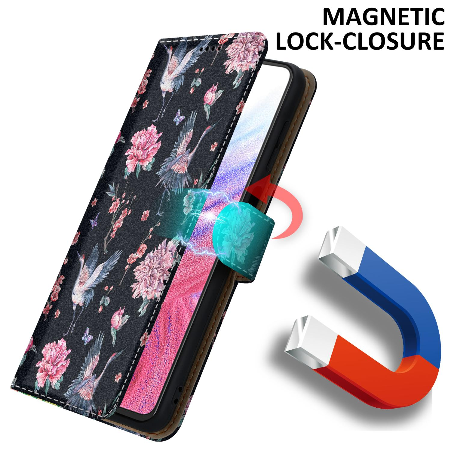 Handyhülle mit Blumenmuster und Magnetverschluss. Ein Telefon mit Bildschirm wird gezeigt.