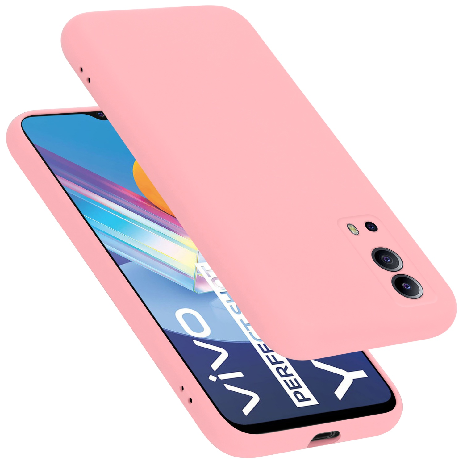 Rosa Handyhülle mit Telefon. Telefon hat Kameraausschnitte. Deckel ist angehoben. Vivo Perfect Shot.