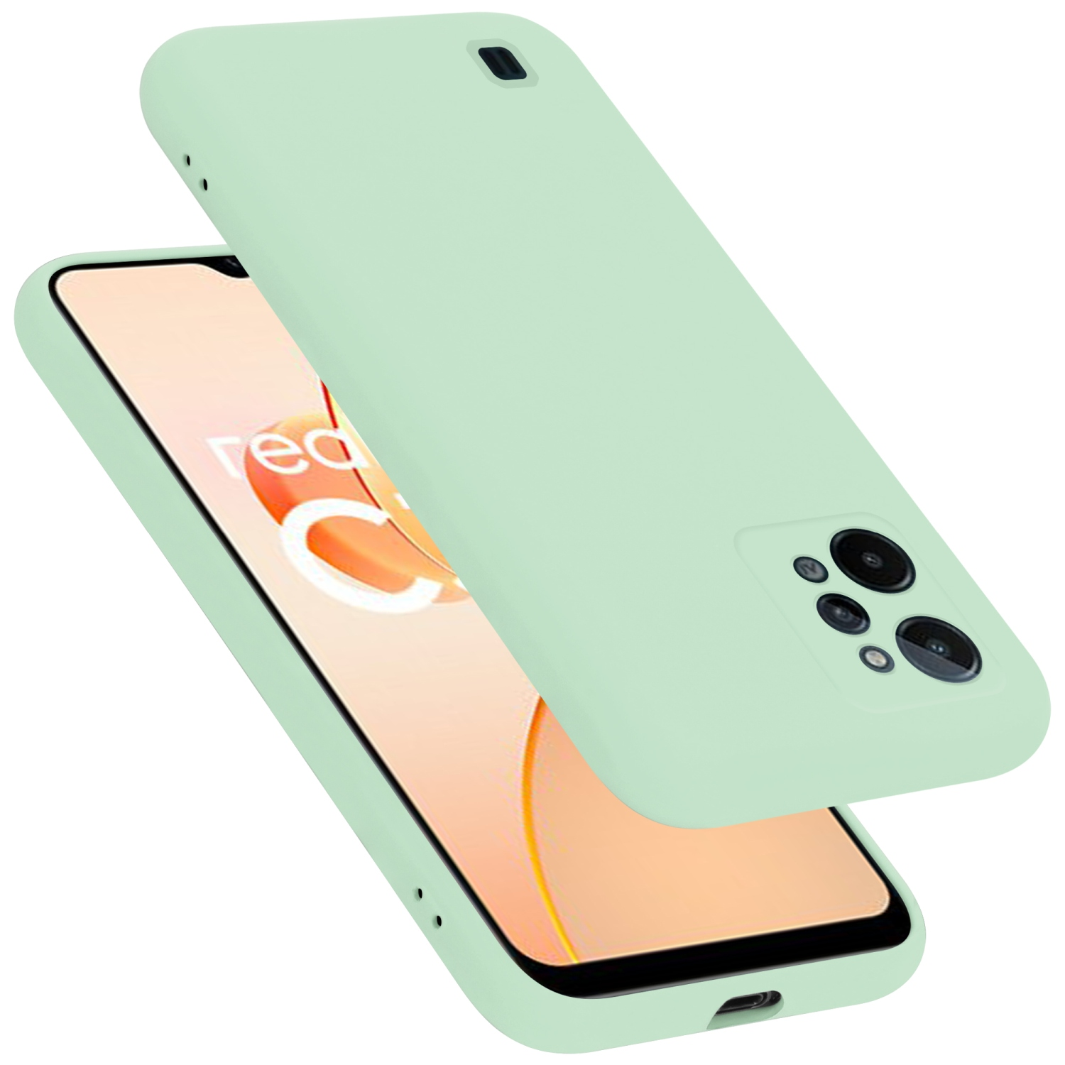 Hellgrüne Handyhülle mit passendem Handybildschirm. Hülle teilweise geöffnet, zeigt das Telefon.