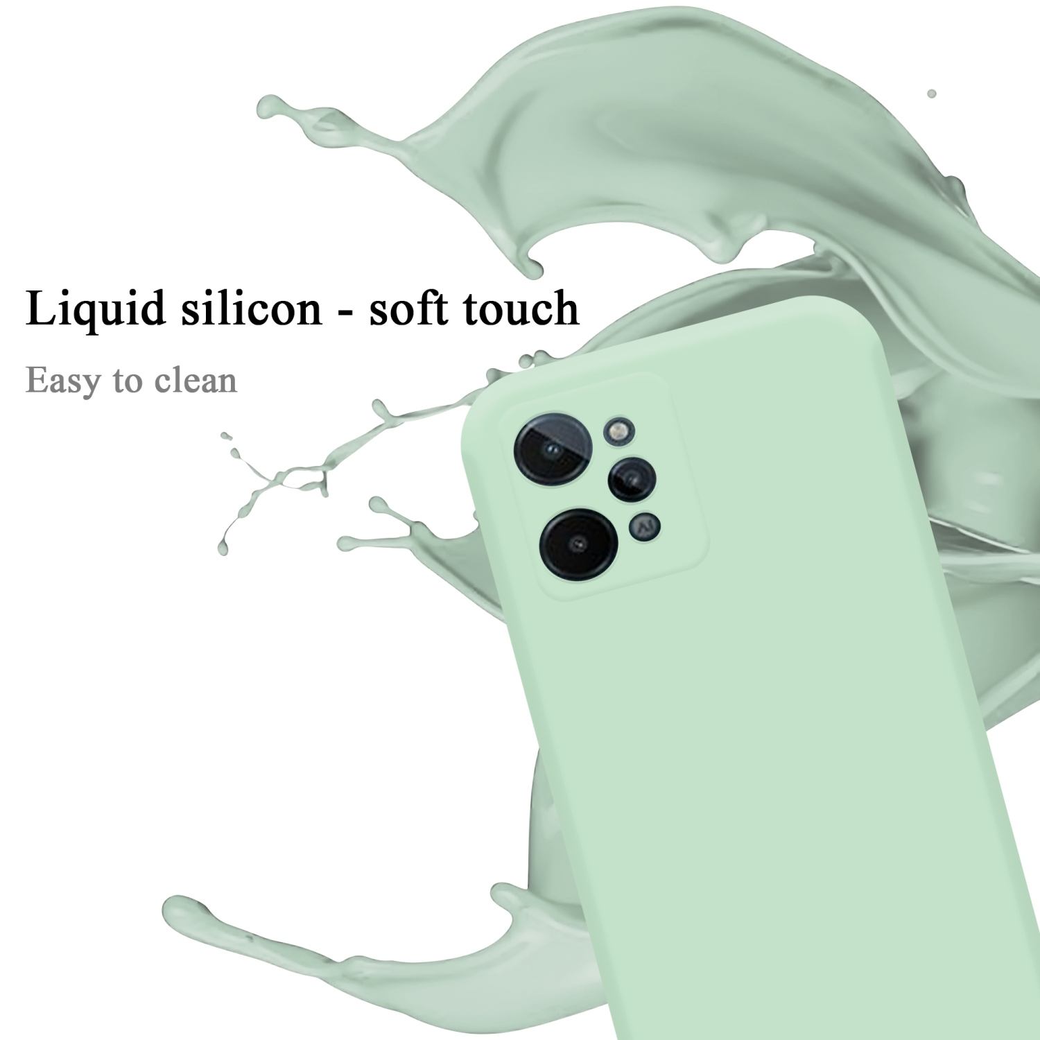 Mintgrünes Telefon mit Spritzern, in der Luft, auf hellem Hintergrund.