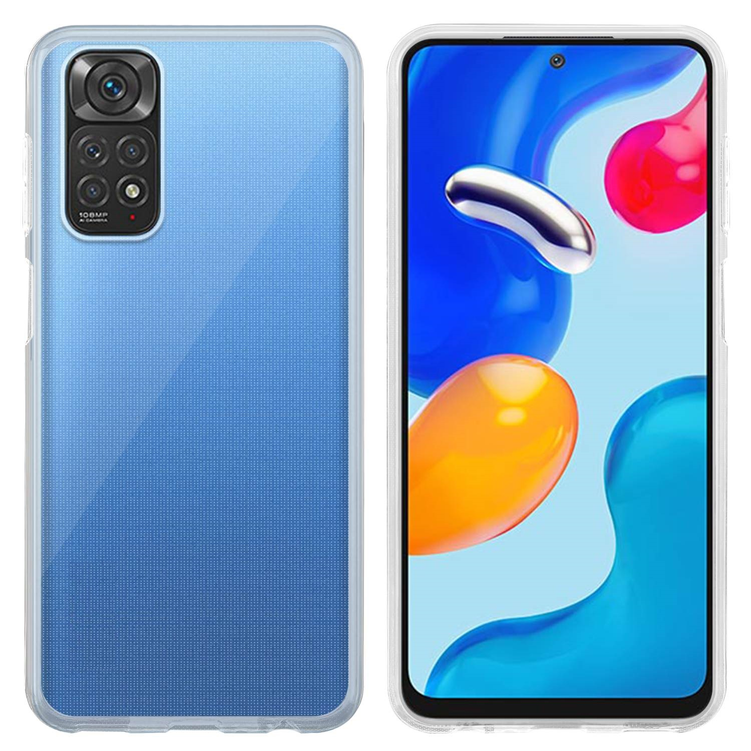 Handyhülle und Telefon. Blaue Hülle mit Kameras hinten und blau-orangem Hintergrund.