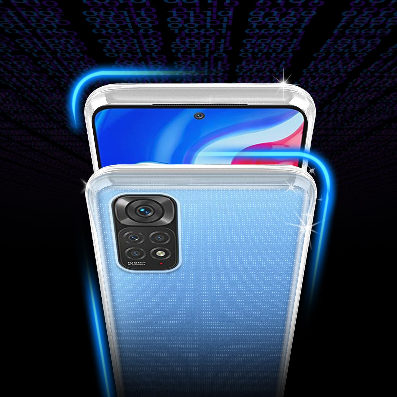 Ein Telefon befindet sich in einer transparenten Hülle. Die Hülle hat einen blauen Akzent. Blauer Hintergrund.