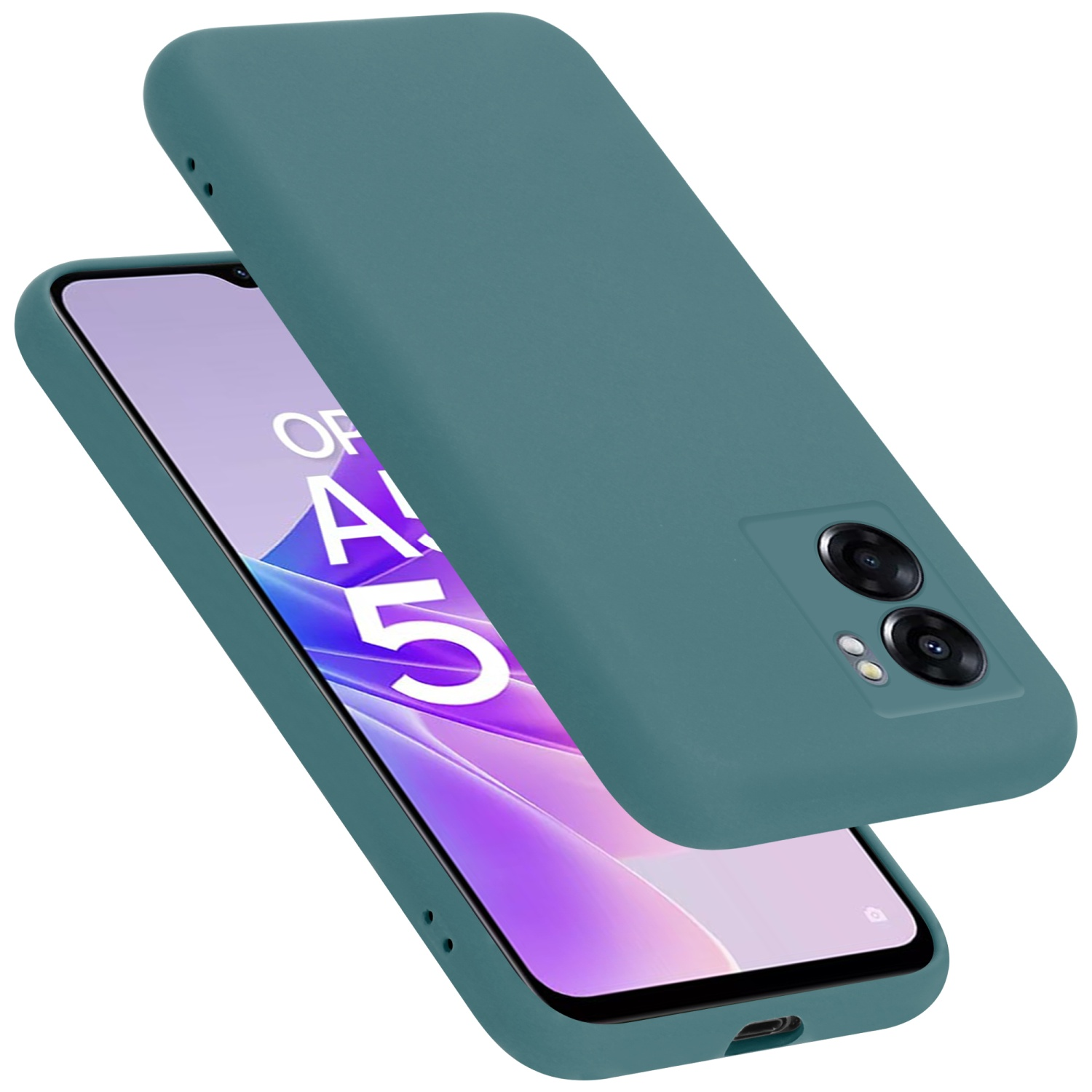Türkis Handyhülle mit Telefon. Türkise Hülle, Telefon mit Bildschirm, schräge Ansicht.