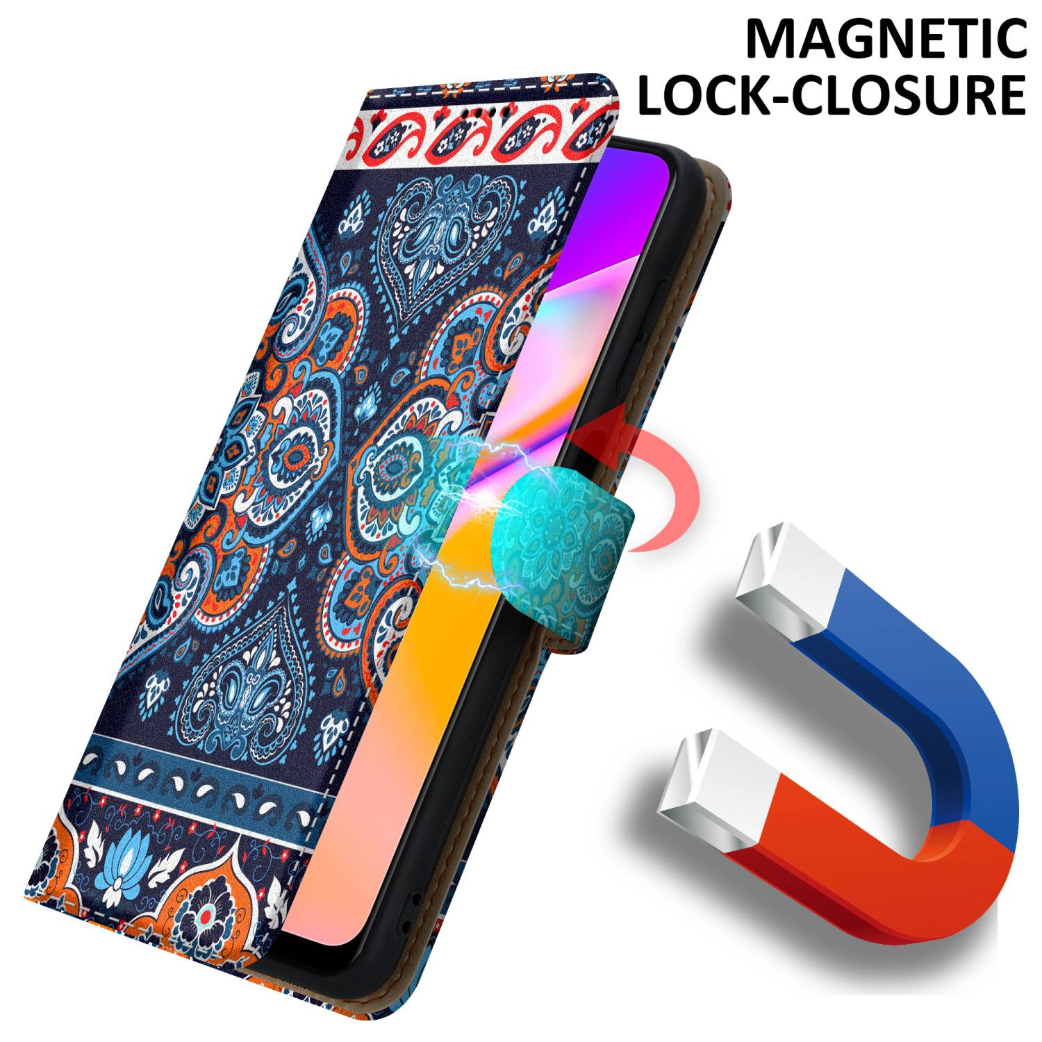 Un telefono in una custodia stampata, con chiusura magnetica e un magnete è mostrato.