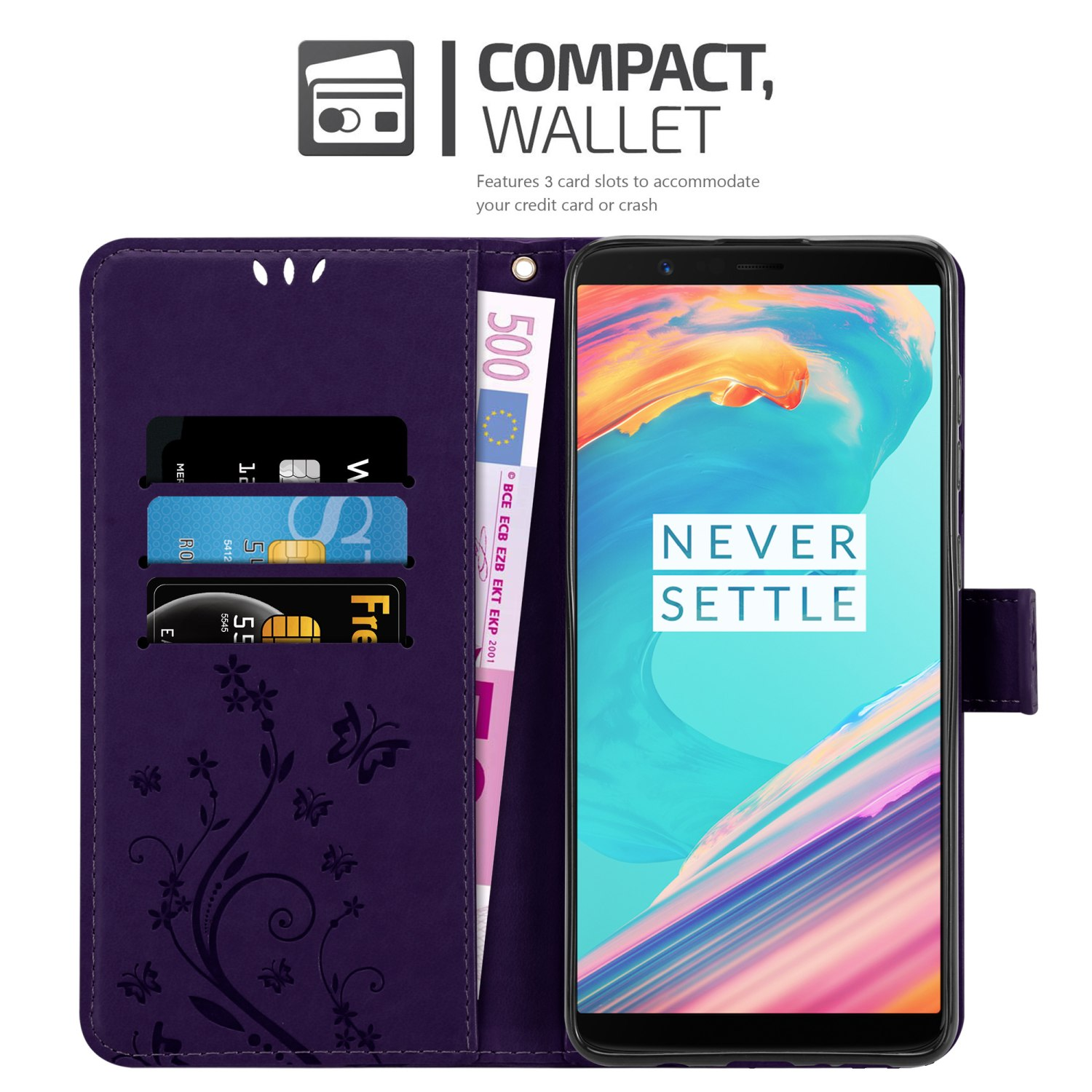 Una custodia per telefono viola con un design a portafoglio, contenente carte di credito e una banconota da 500 euro, con un telefono.