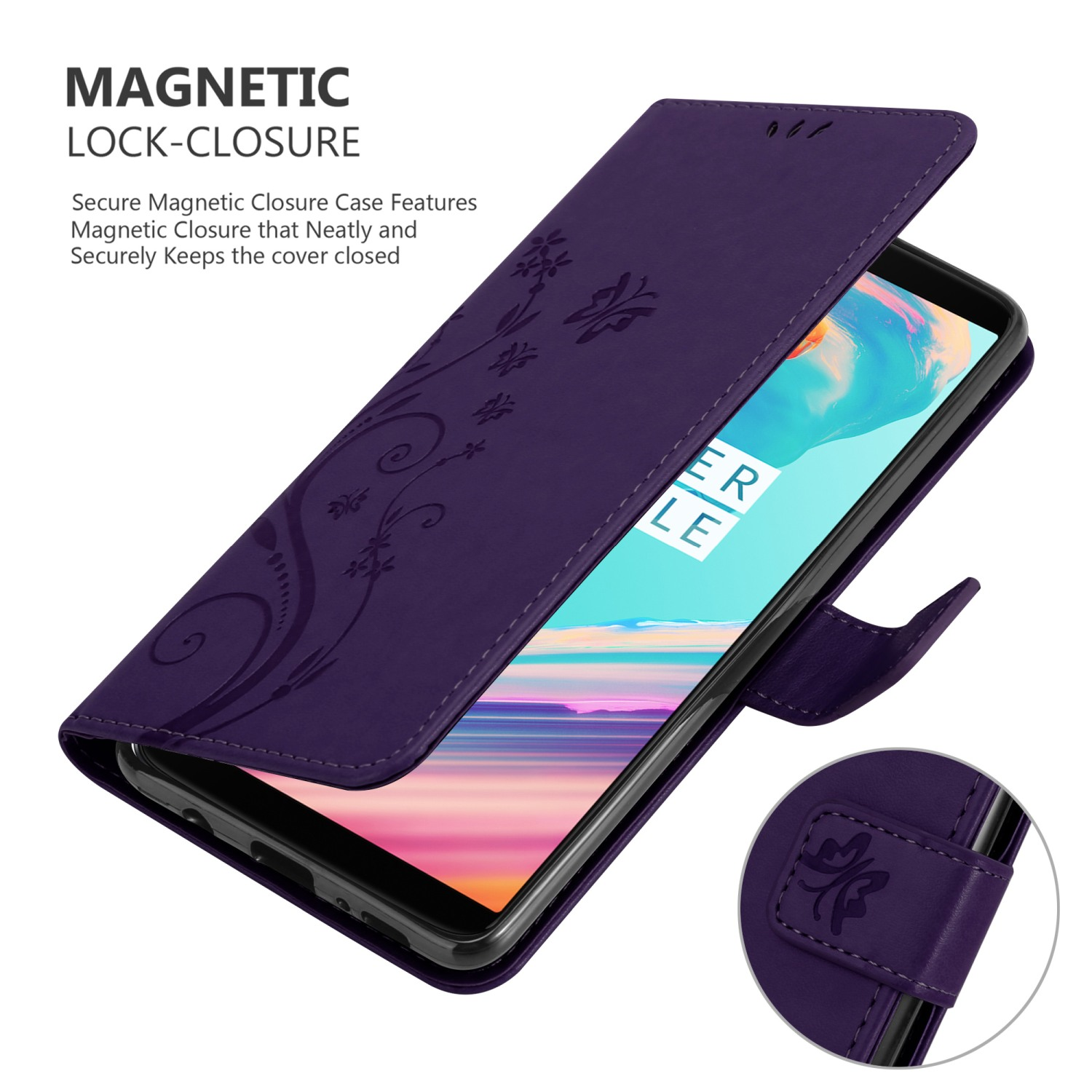 Una custodia per telefono viola si apre, con un telefono all'interno, che mostra un design floreale e il testo 'Magnetic Lock-Closure'.