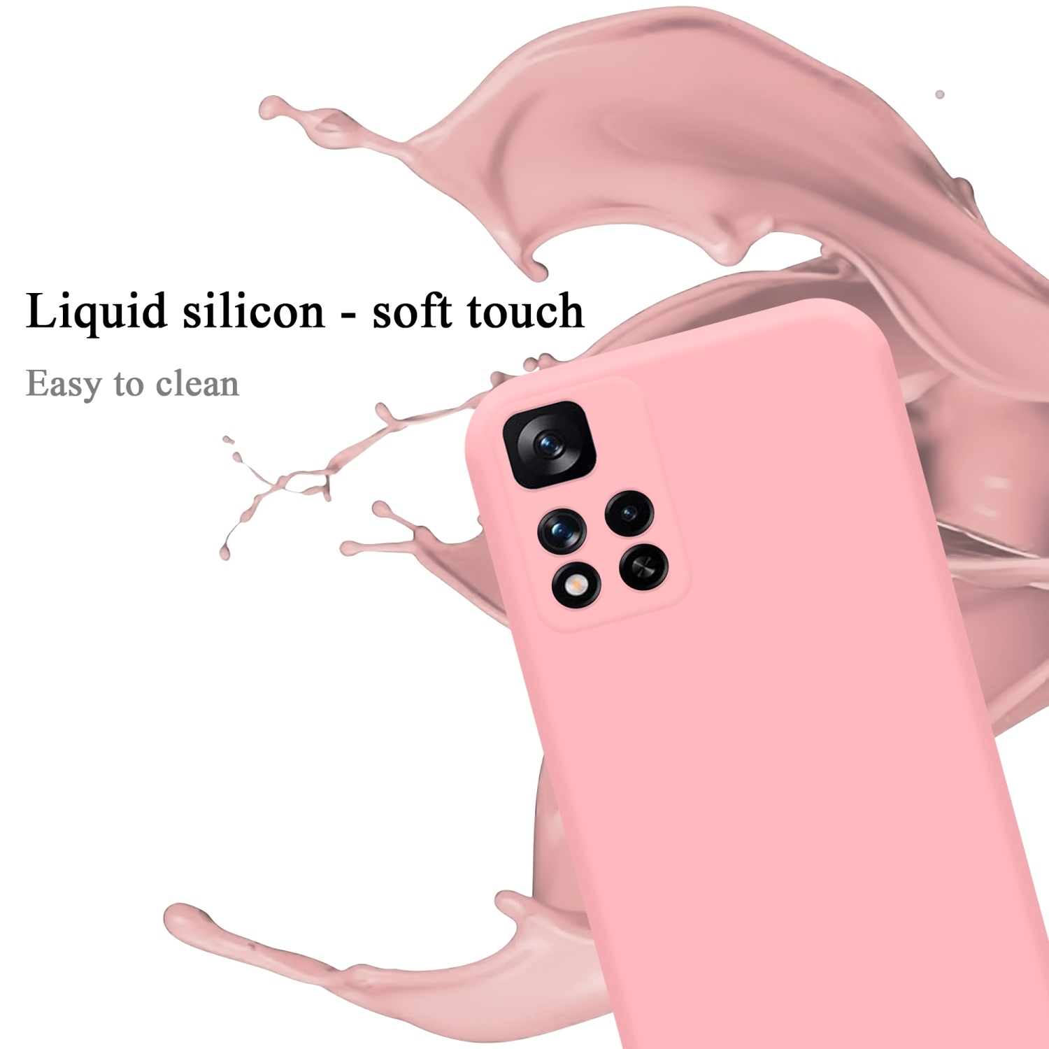 Custodia rosa per telefono con fotocamera, effetto splash. Testo: Silicone liquido - tocco morbido, facile da pulire.