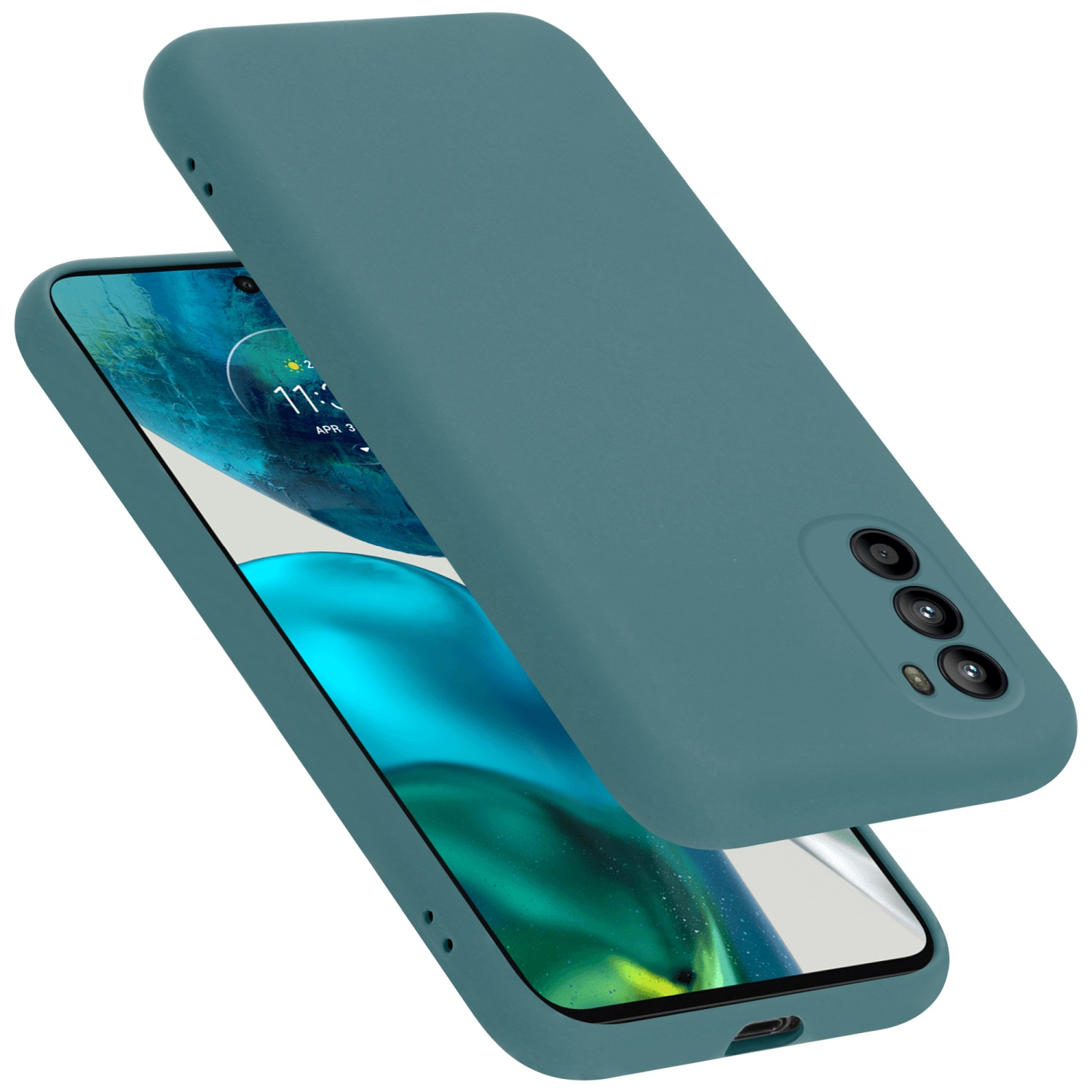 Türkisfarbene Handyhülle über einem Telefon mit einem Bildschirm, der die Uhrzeit und das Datum anzeigt.