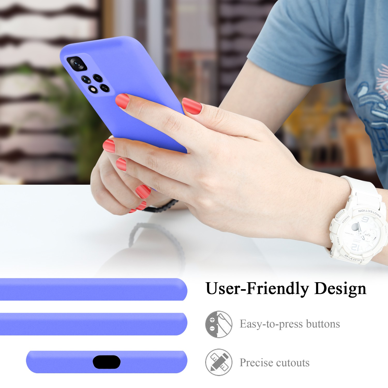 Mani di donna che tengono un telefono viola. Testo: Design intuitivo, Pulsanti facili da premere, Ritagli precisi.