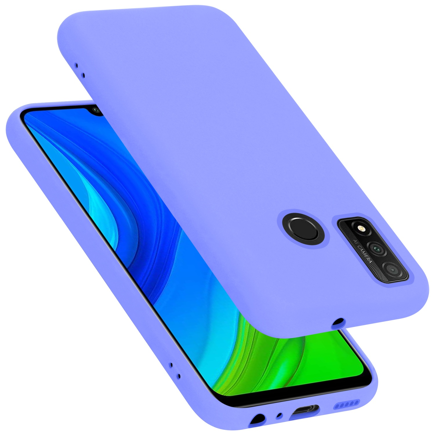 Eine hellviolette Handyhülle. Die Hülle ist geöffnet und zeigt das Telefon. Das Telefon ist blau.