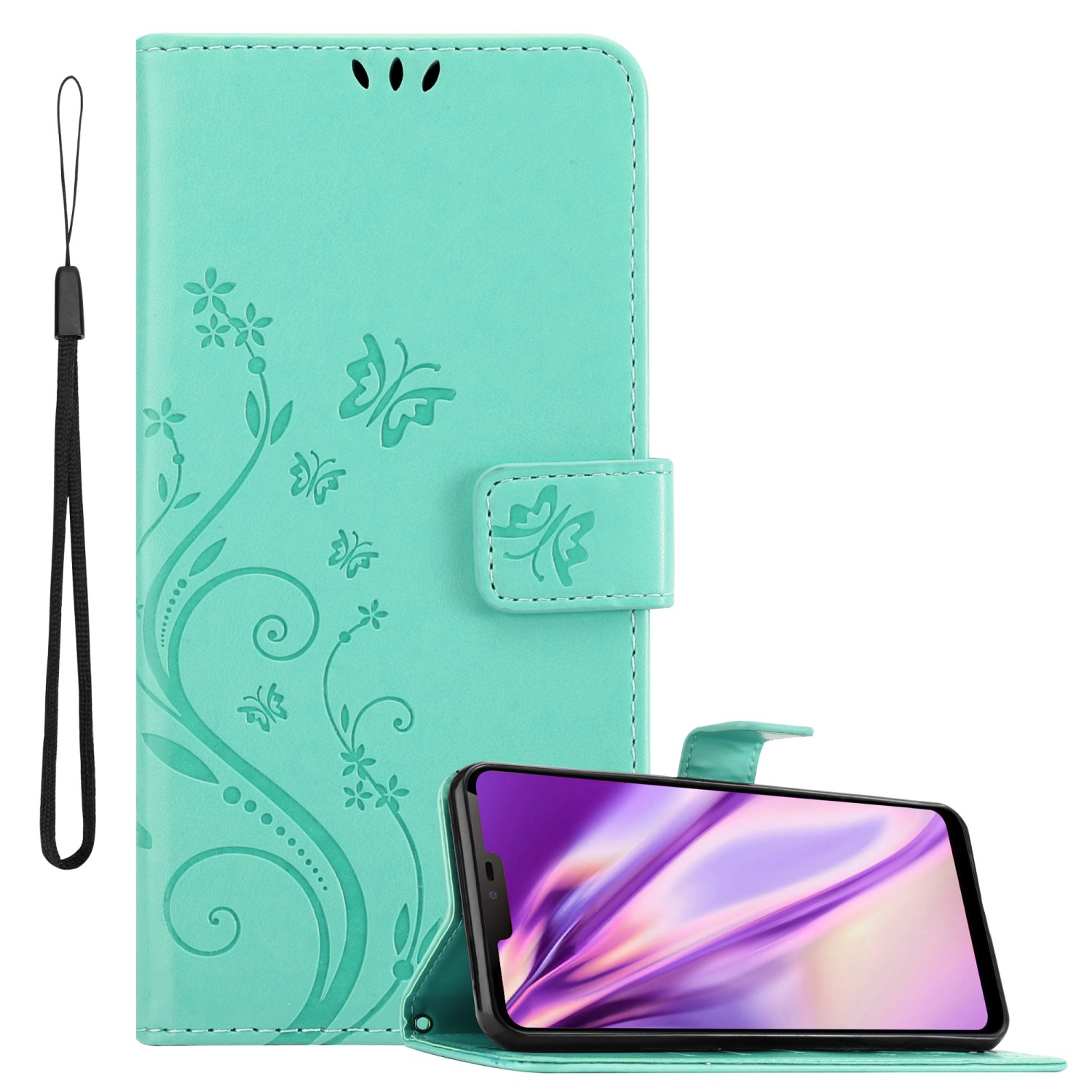 Eine türkisfarbene Handyhülle mit Blumendesign und einem Riemen. Ein Telefon ist darin, mit einem lila Bildschirm.