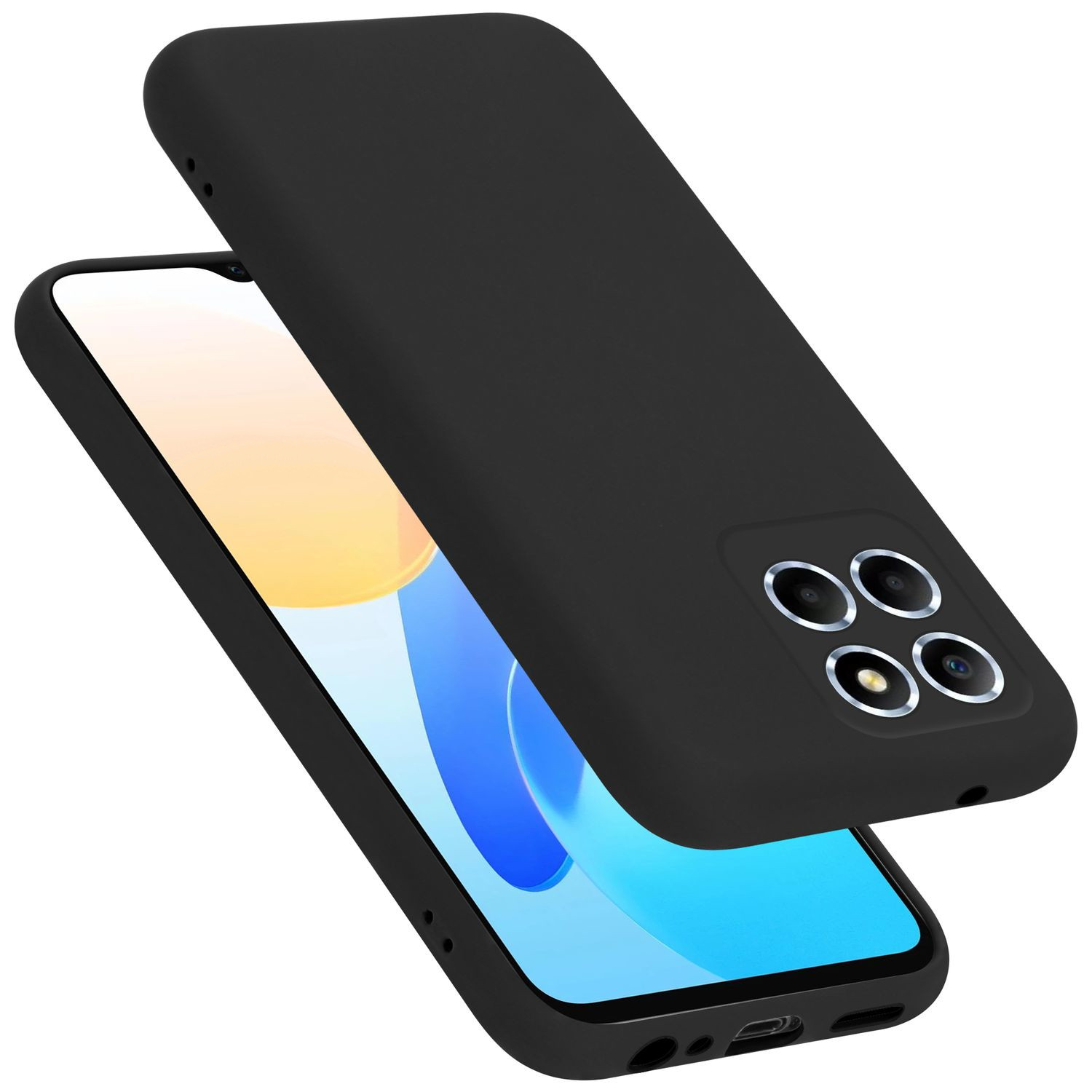 Schwarzes Telefon mit schwarzer Hülle. Vier Rückkameras. Schwarze Hülle. Weißer Hintergrund.