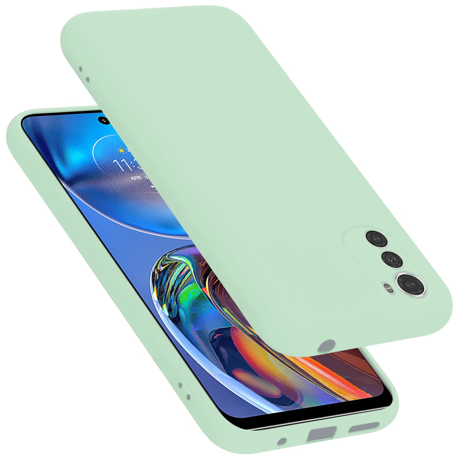 Minzgrüne Handyhülle mit Telefon darin. Telefon und Hülle liegen auf weißer Oberfläche.