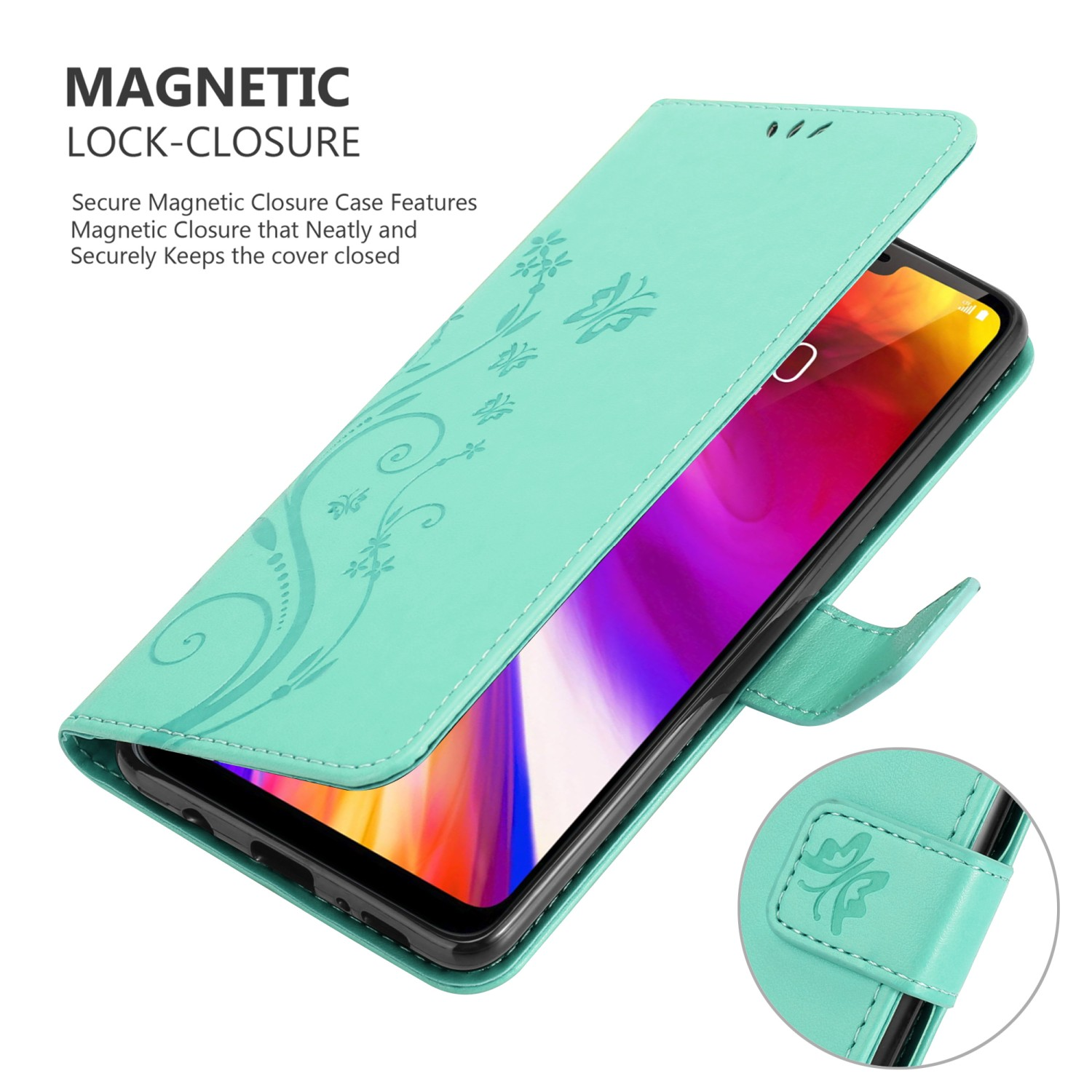 Minzgrüne Handyhülle geöffnet, ein Telefon anzeigend. Hülle hat florales Design und einen Magnetverschluss.