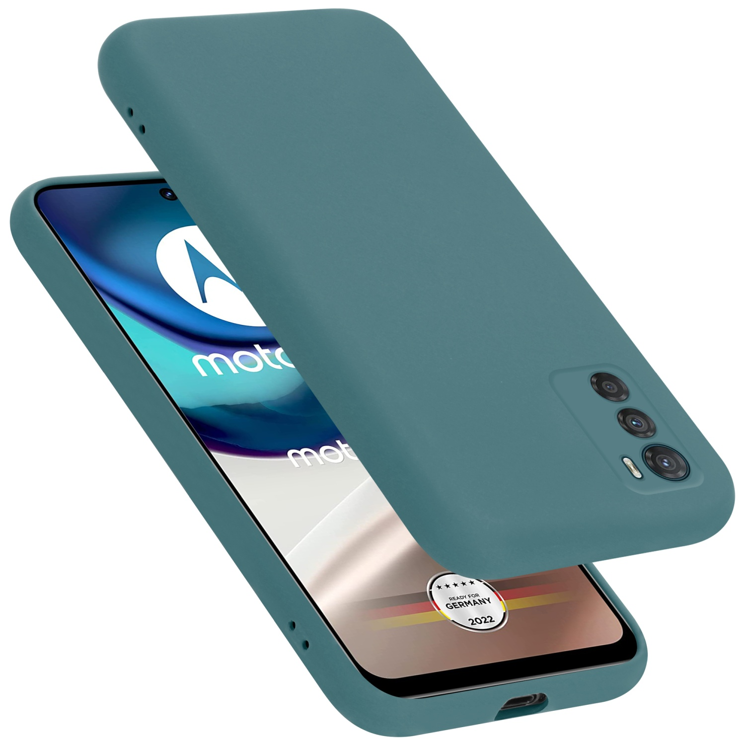Türkisfarbene Handyhülle mit einem Telefon darin. Die Handyhülle bedeckt das Telefon. Weißer Hintergrund.