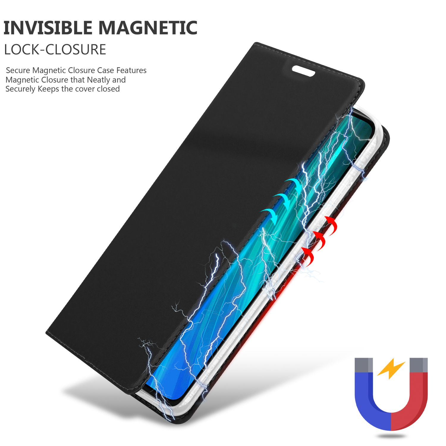 Geöffnete Handyhülle, zeigt Telefon, mit Magnetverschluss und Blitzeffekt.