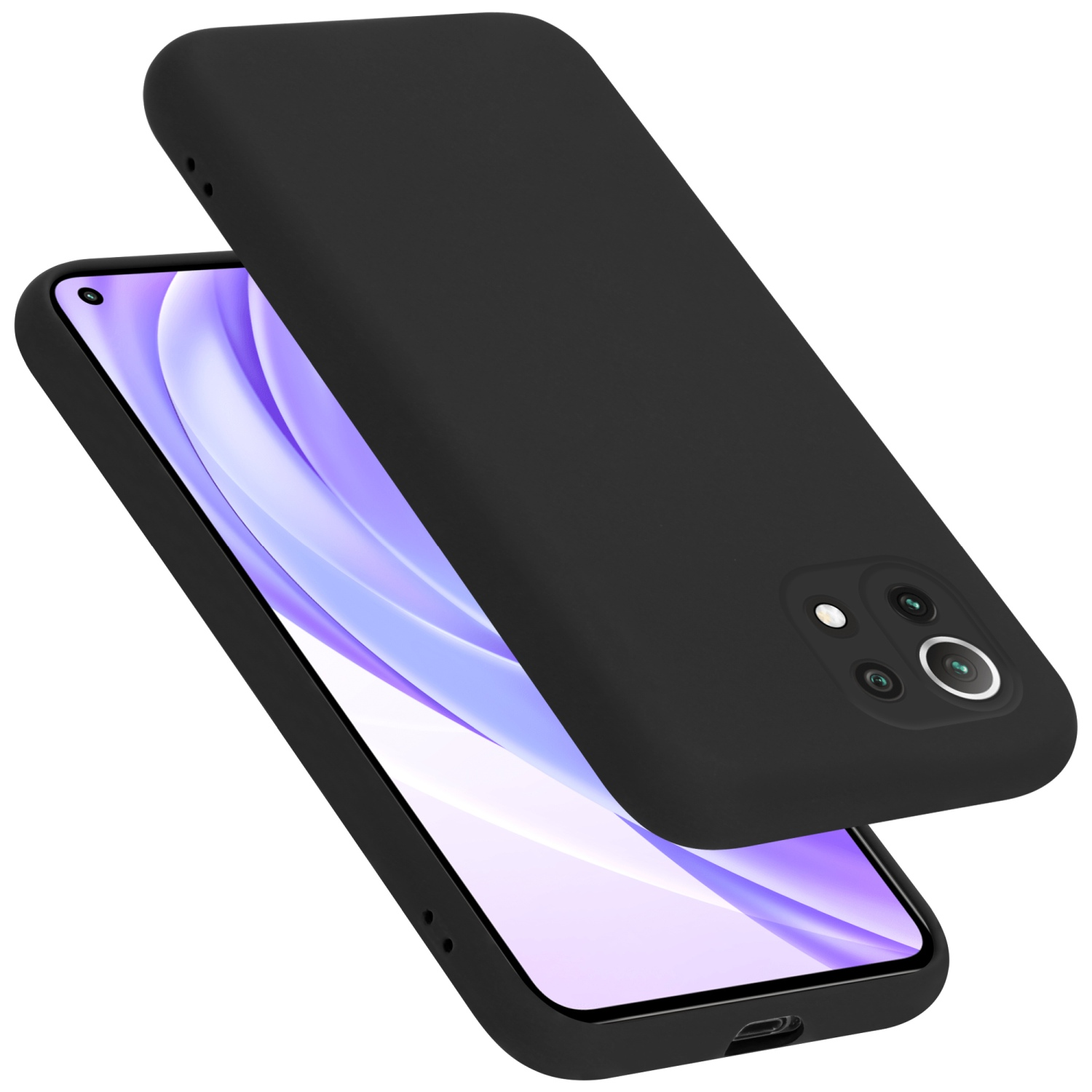 Schwarze Handyhülle, zweiteilig. Telefon befindet sich in der Hülle. Weißer Hintergrund.