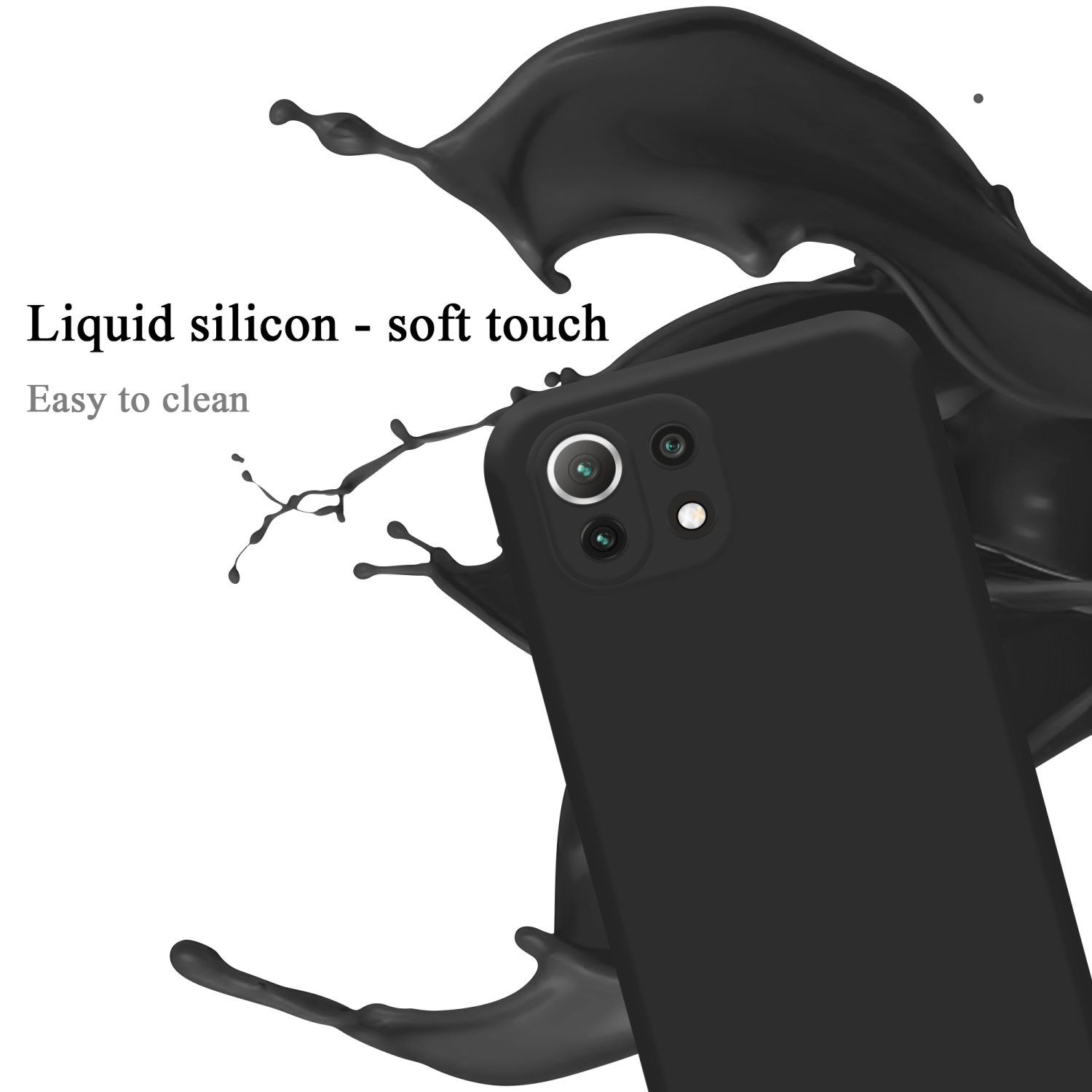 Schwarze Handyhülle mit Telefon darin und schwarzer Flüssigkeitsspritzer auf weißem Hintergrund.