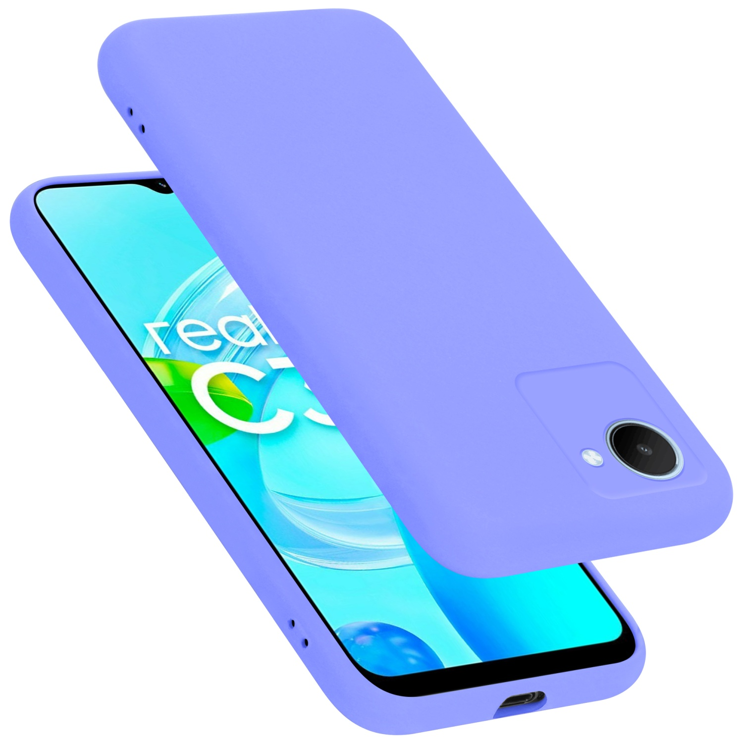 Lila Handyhülle und Telefon. Das Telefon ist abgewinkelt und zeigt den Bildschirm. Hülle ist hinten.