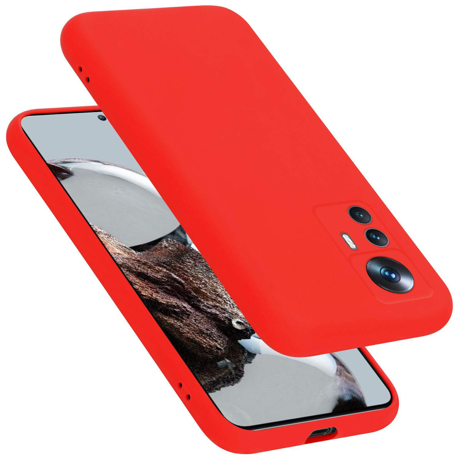Rote Handyhülle mit Telefon, Bildschirm sichtbar, auf weißem Hintergrund.
