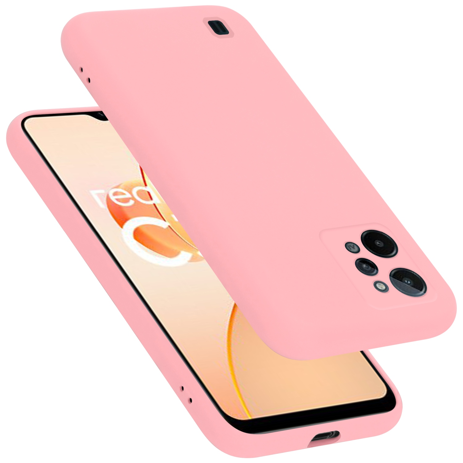 Rosa Handyhülle und Telefon. Das Telefon ist abgewinkelt und zeigt den Bildschirm. Hülle ist hinten.