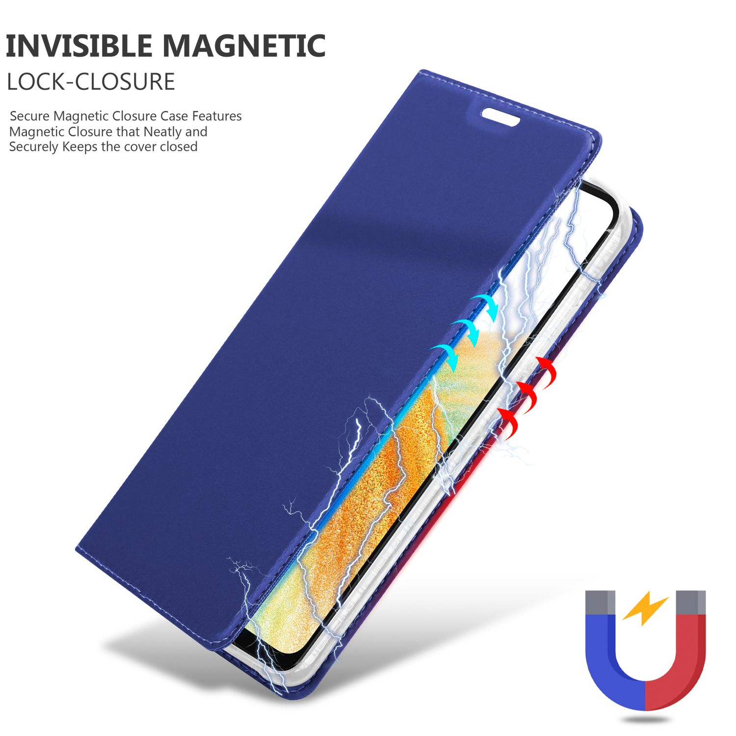 Blaue Handyhülle mit Magnetverschluss. Die Hülle ist offen und zeigt ein Telefon. Ein Magnet wird gezeigt.
