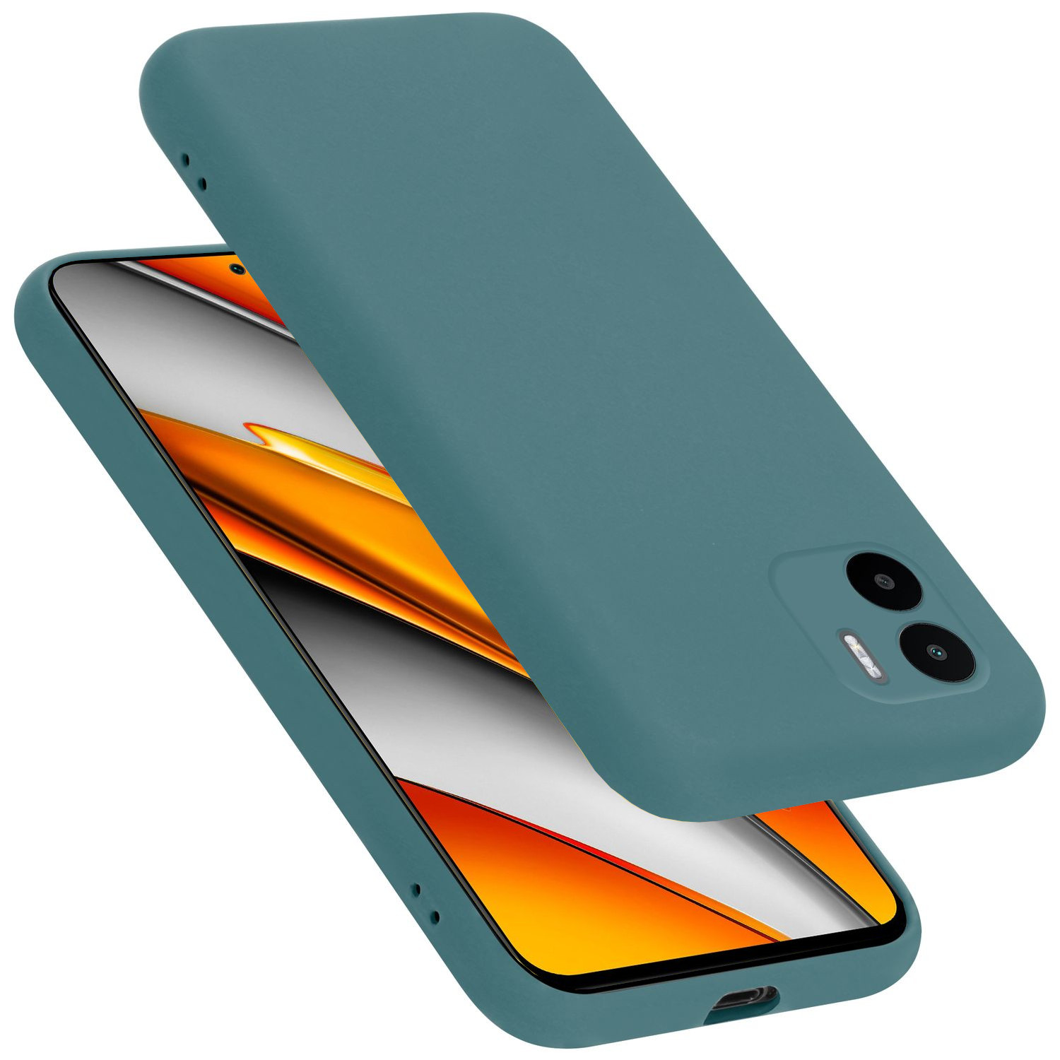 Custodia verde acqua, schermo del telefono visibile. Un'altra custodia fluttua sopra.