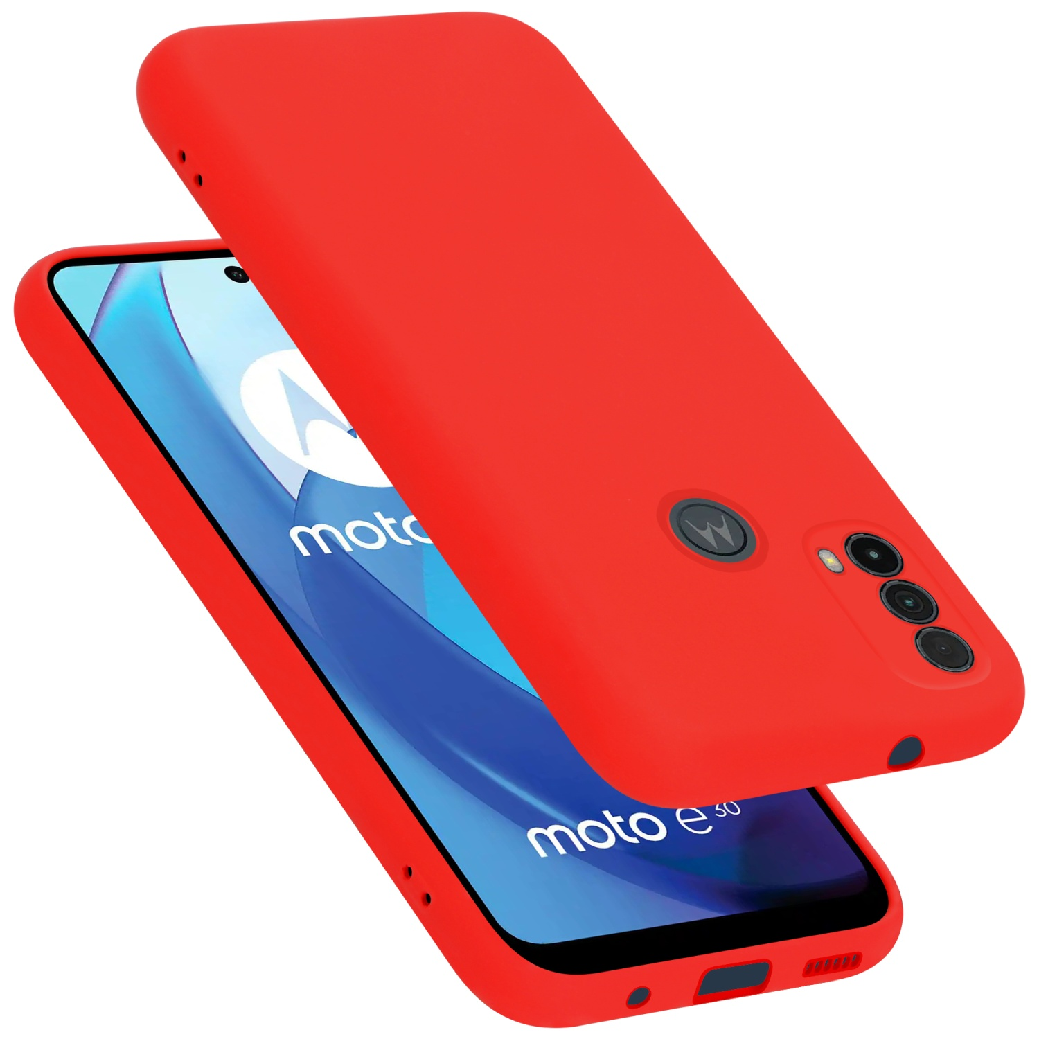 Custodia rossa sul telefono; sfondo bianco. Schermo del telefono visibile.