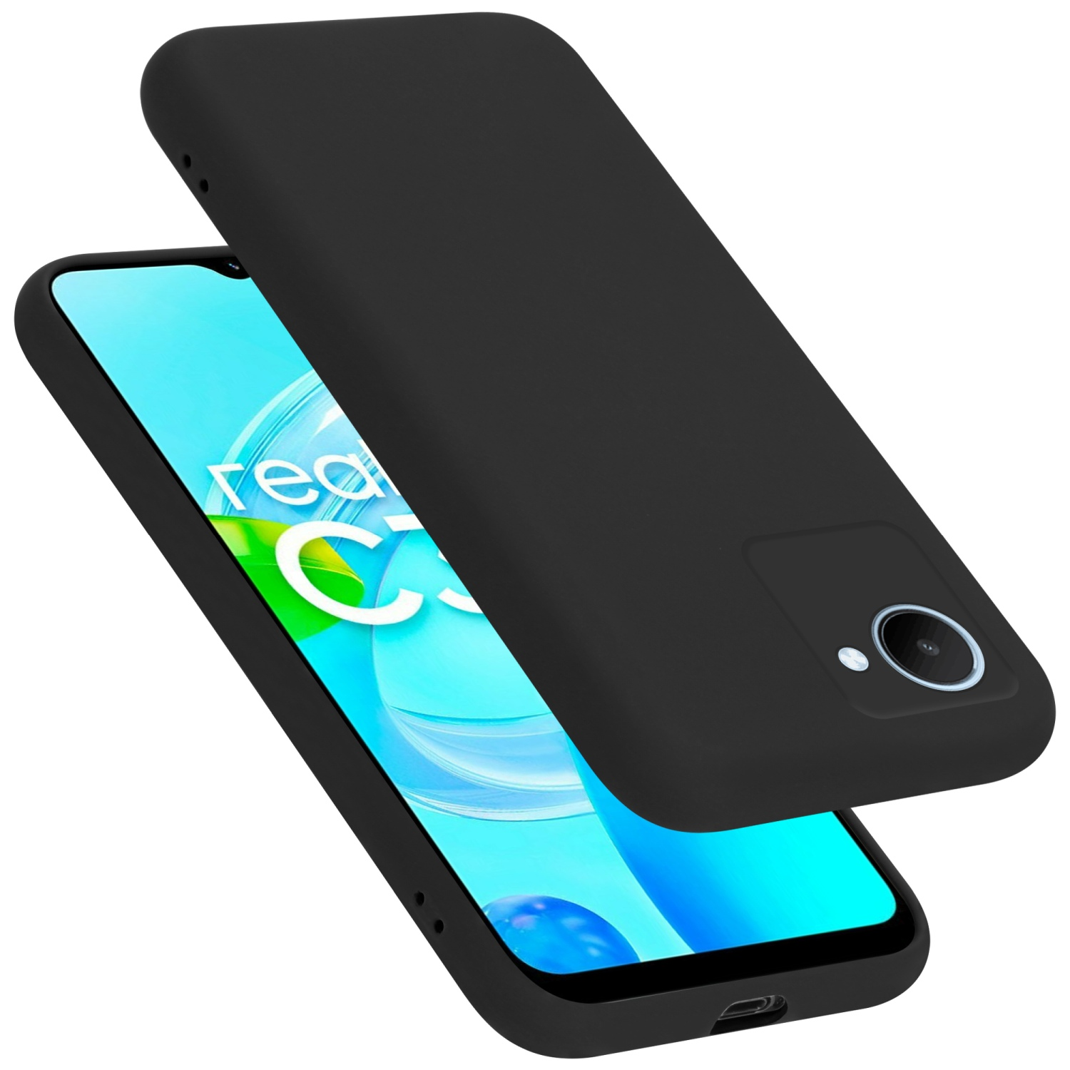 Schwarzes Telefon mit schwarzer Hülle, Bildschirm und Kamera sichtbar.