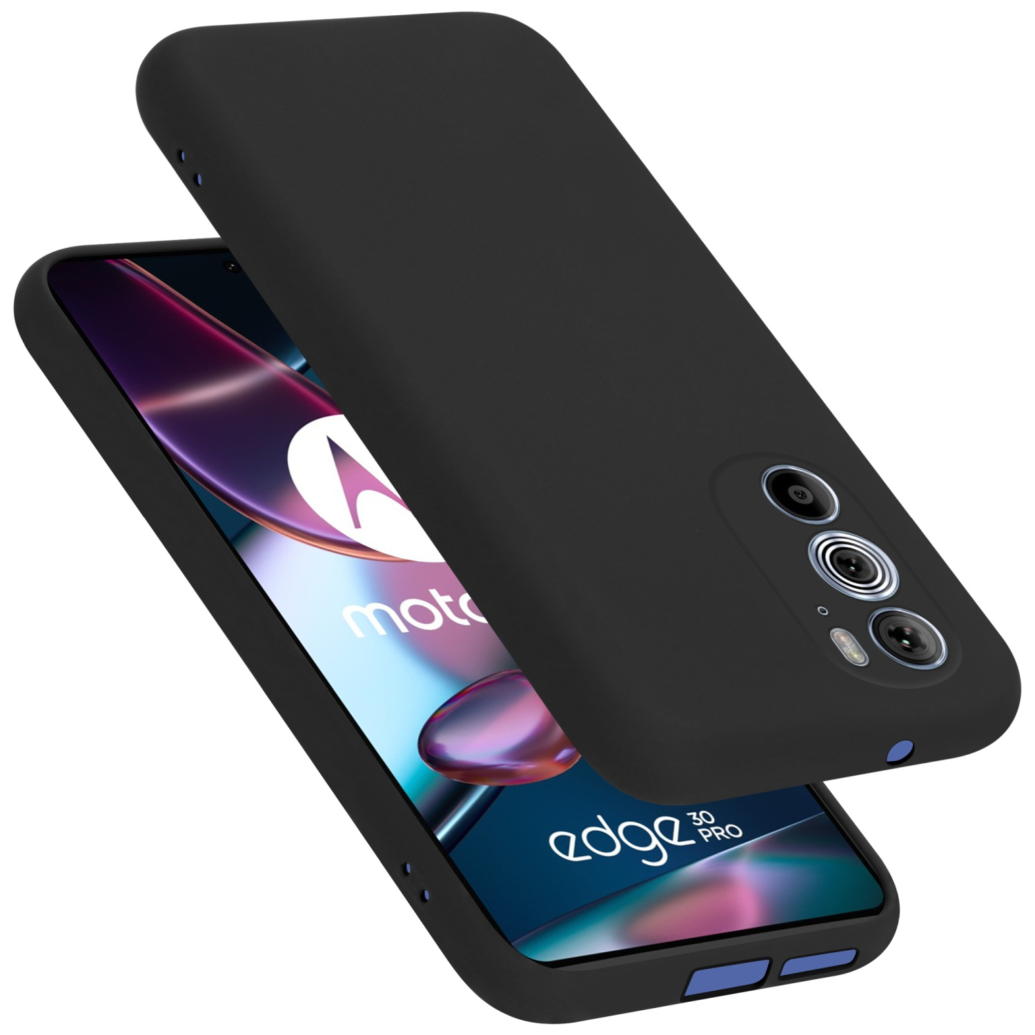 Schwarze Handyhülle mit Telefon. Hülle hat Kameraausschnitte. Schwarzer Deckel ist angehoben. Motorola Edge 30 Pro.