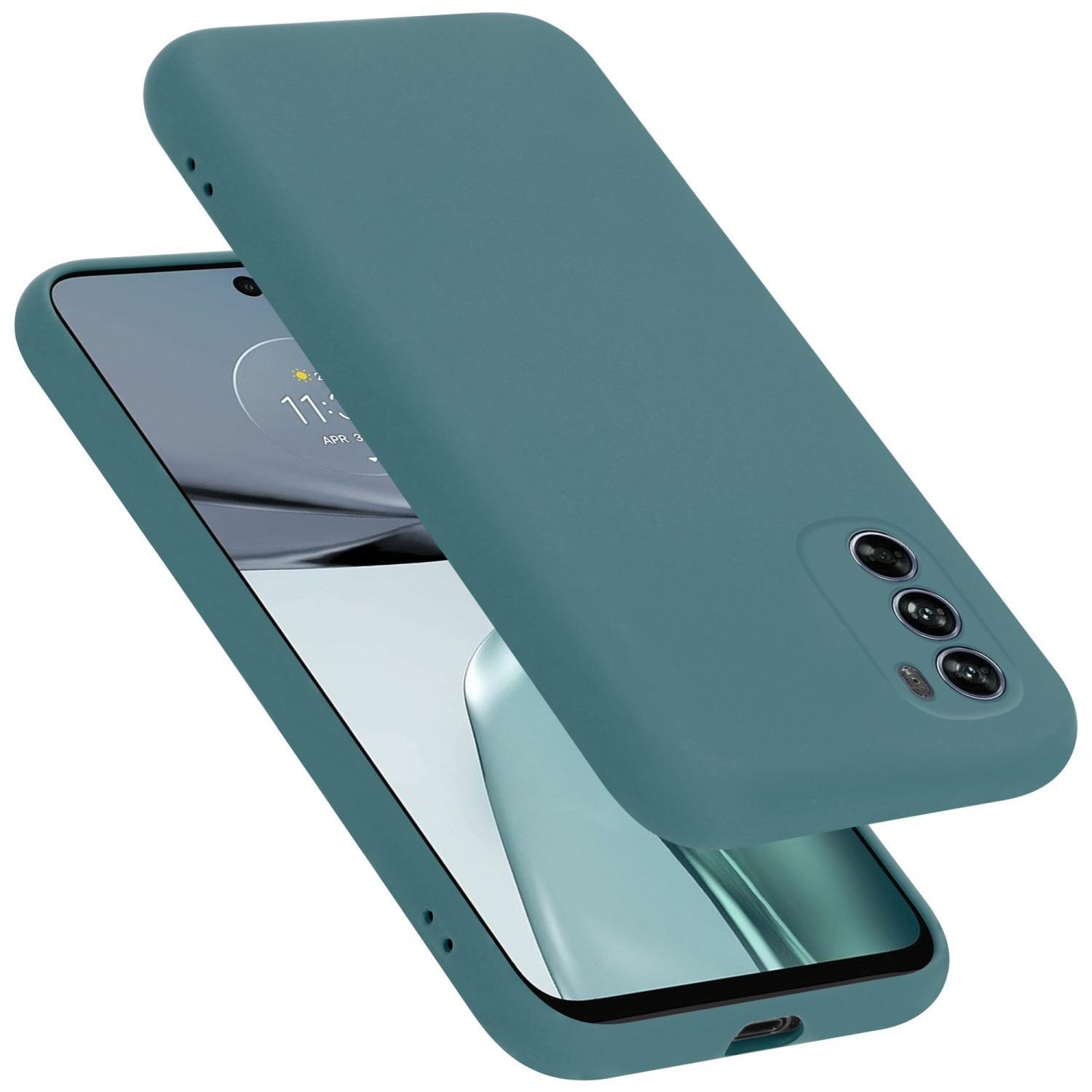 Türkisfarbene Handyhülle mit einem Telefon darin. Die Handyhülle bedeckt das Telefon. Weißer Hintergrund.