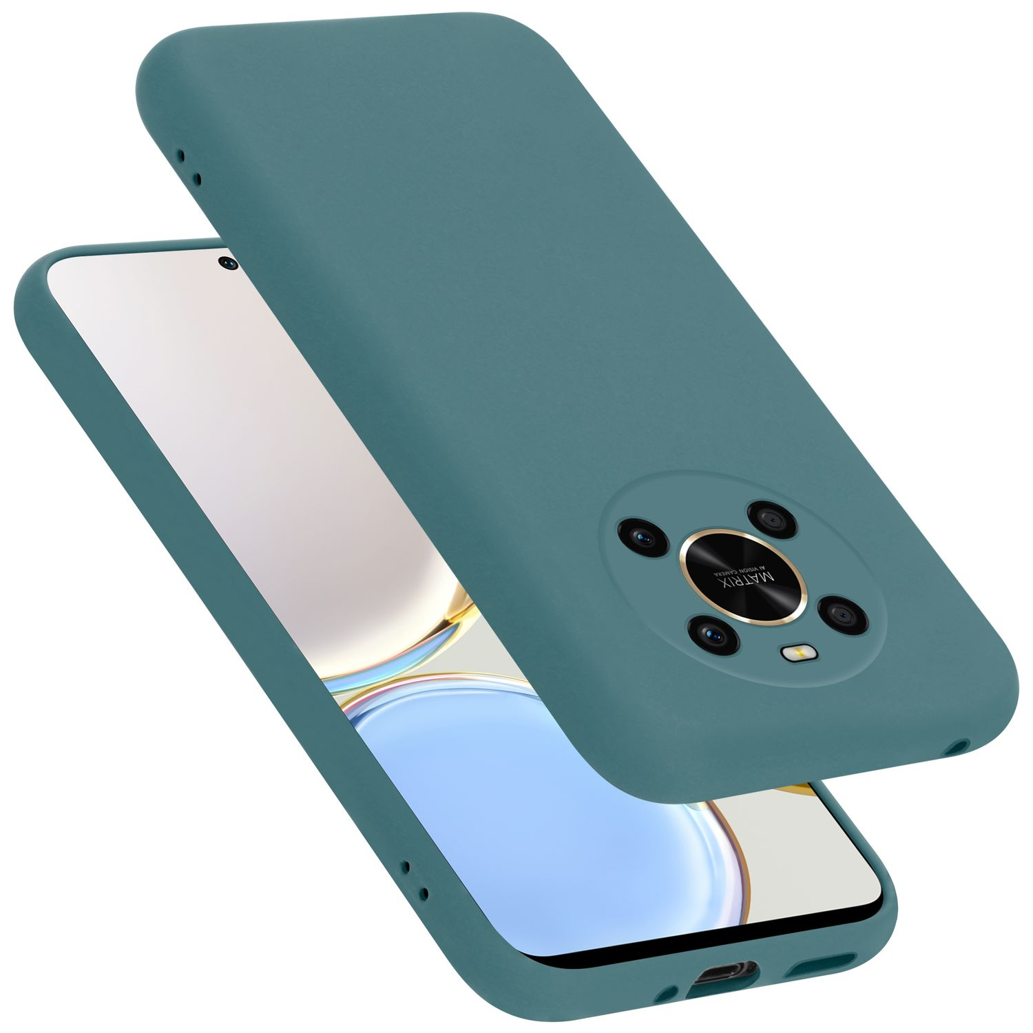 Custodia teal per telefono con telefono e fotocamere su sfondo bianco.