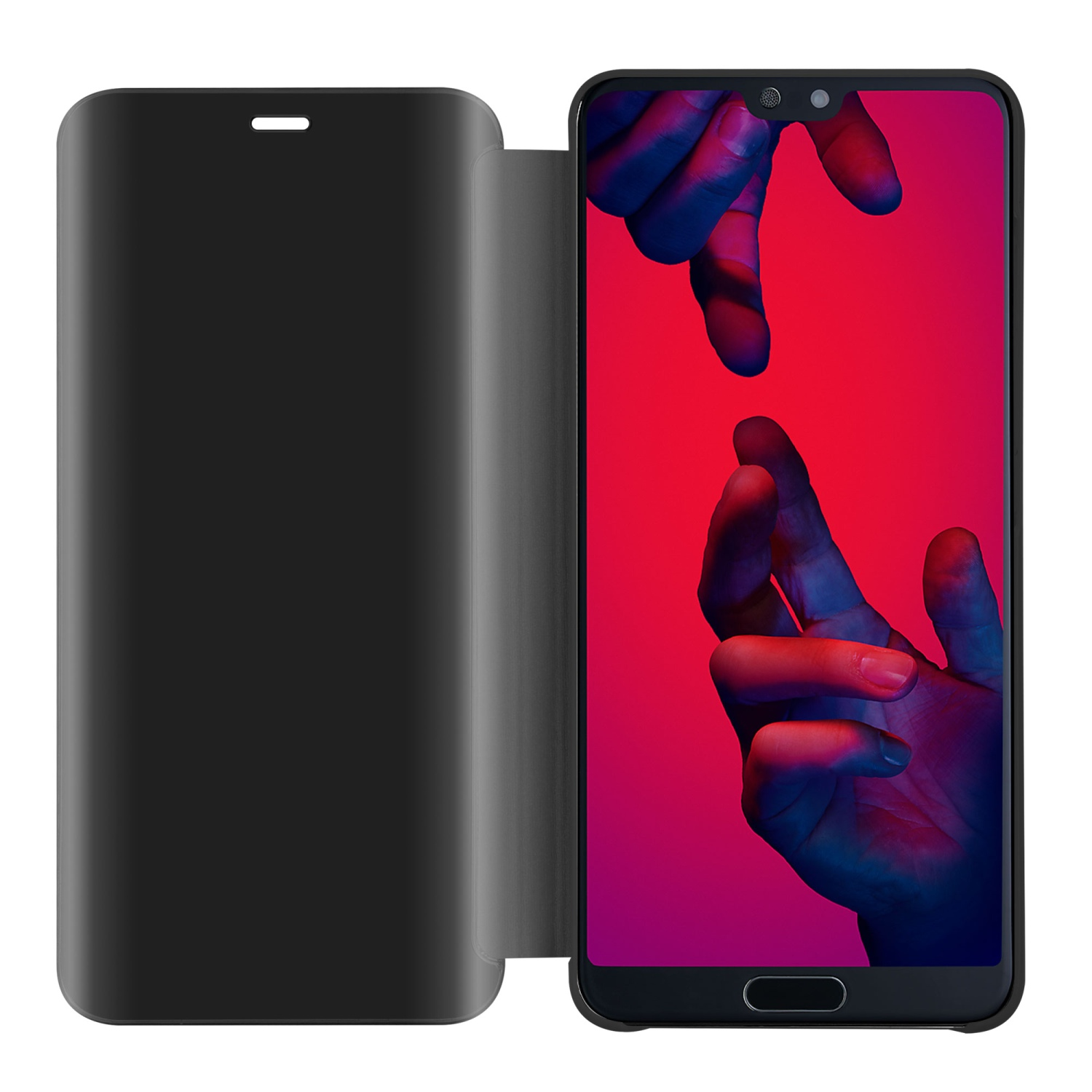 Coque de téléphone noire avec téléphone à l'intérieur, montrant un écran coloré. La coque est fermée.