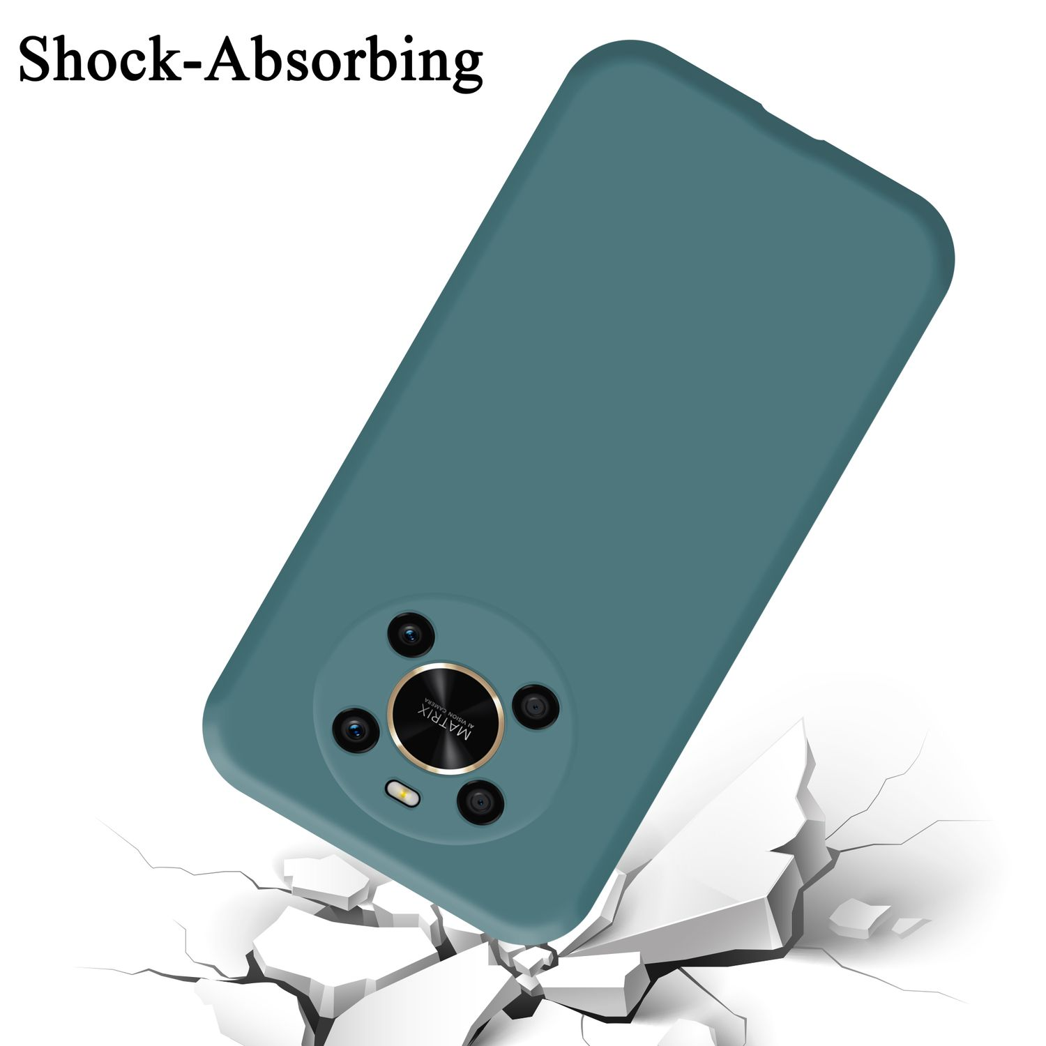 Custodia per telefono verde acqua con fotocamera, su cemento rotto. Testo: Antishock.