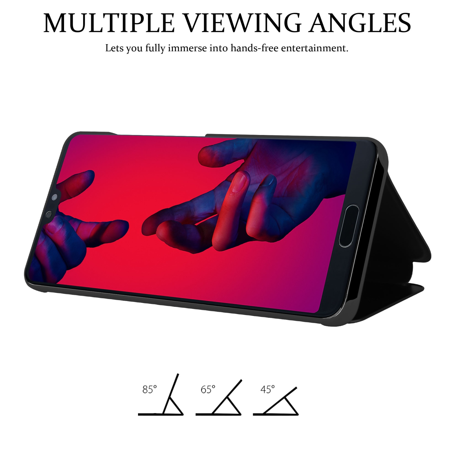 Téléphone dans un étui, en angle, montrant plusieurs angles de vue avec des degrés.