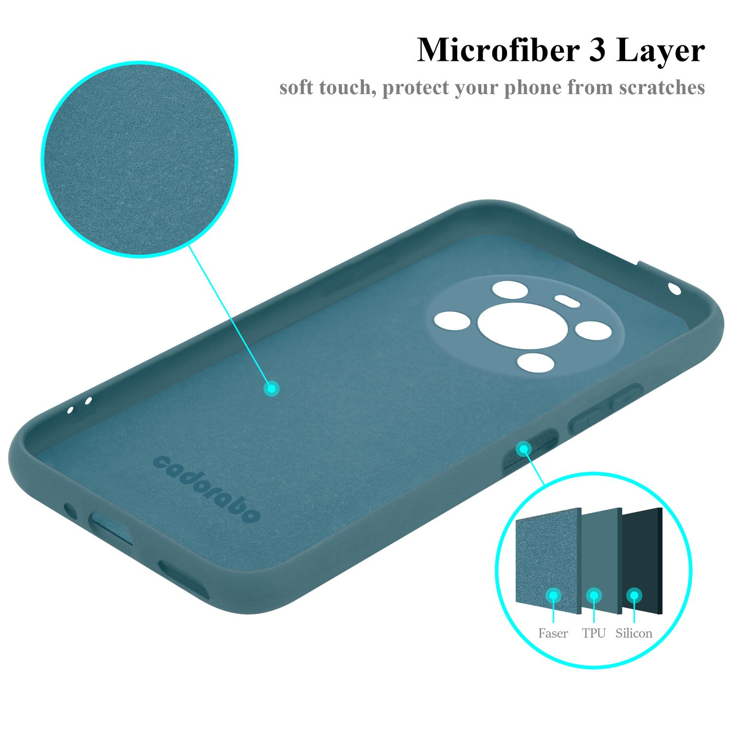 Una custodia per telefono verde acqua è appoggiata su una superficie, con strati etichettati: fibra, TPU e silicone. Il logo è visibile.