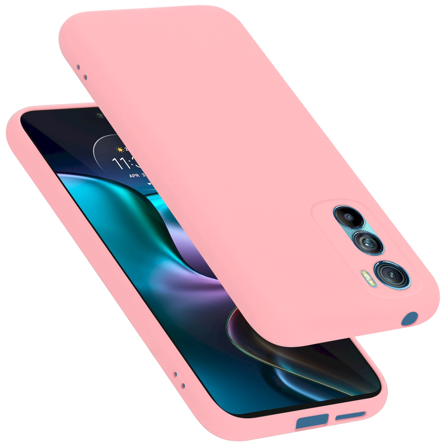 Eine rosa Handyhülle ist leicht geöffnet und gibt ein Telefon frei. Die Hülle ist rosa und das Telefon ist sichtbar.