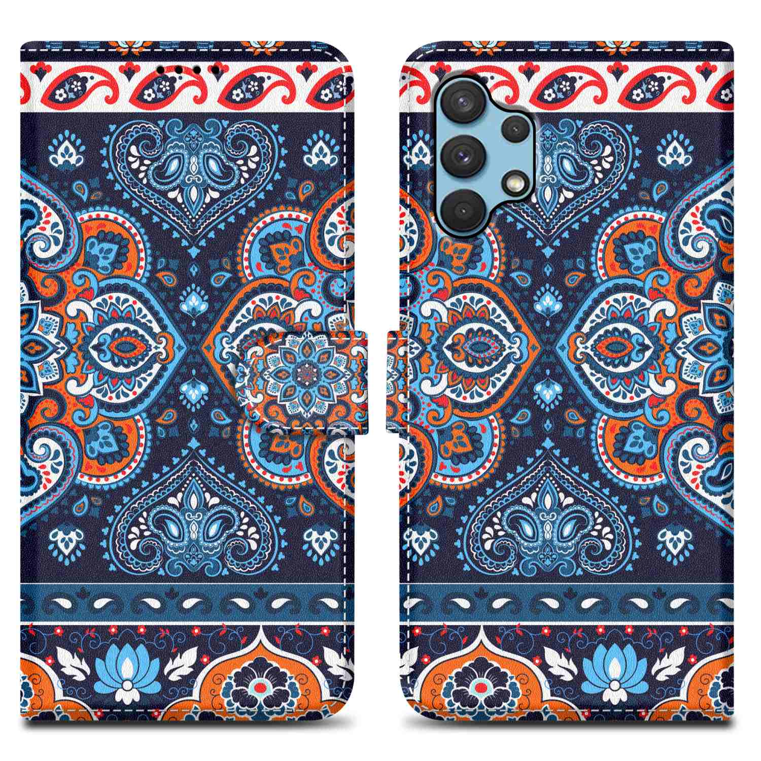 Geöffnete Handyhülle mit blauem, orangefarbenem und weißem Muster. Dunkelblauer Hintergrund. Kameradetails.