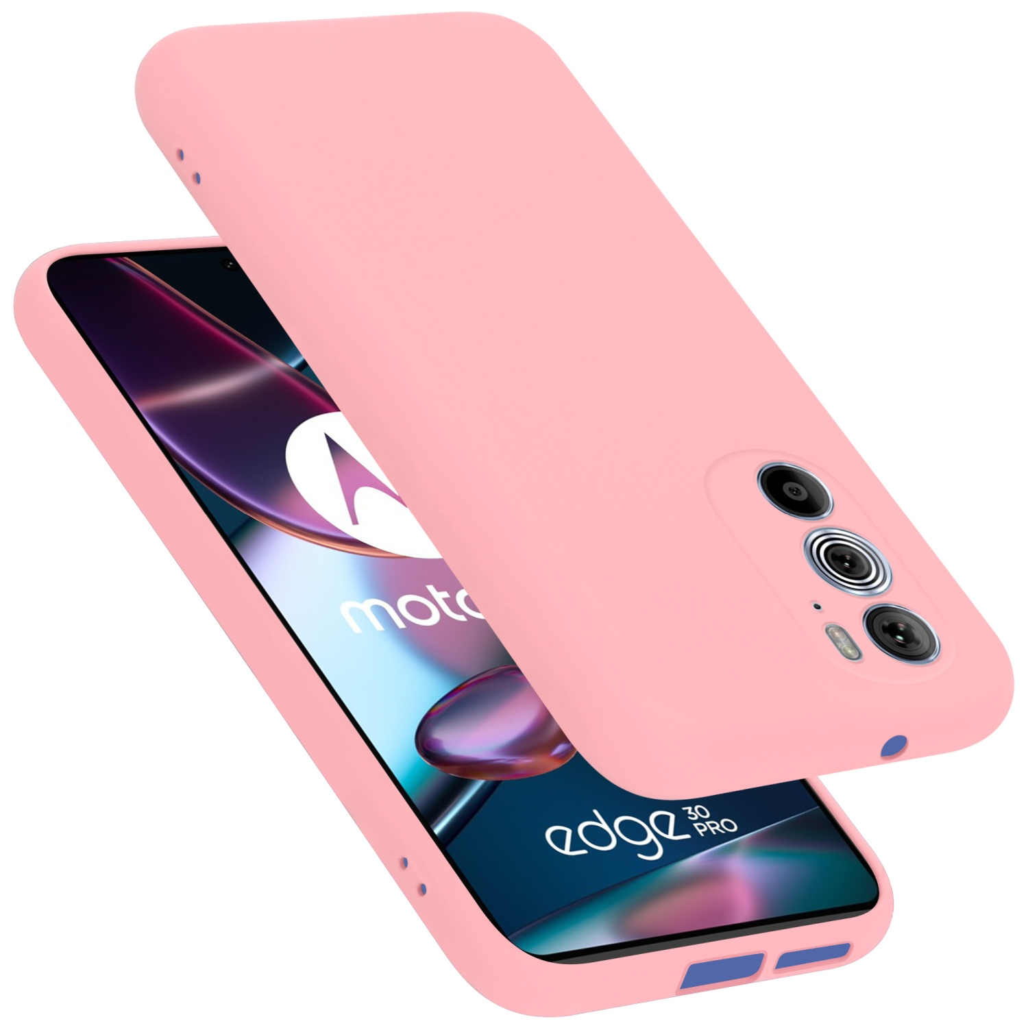 Rosa Handyhülle mit Telefon. Das Telefon hat eine Kamera und einen Bildschirm.