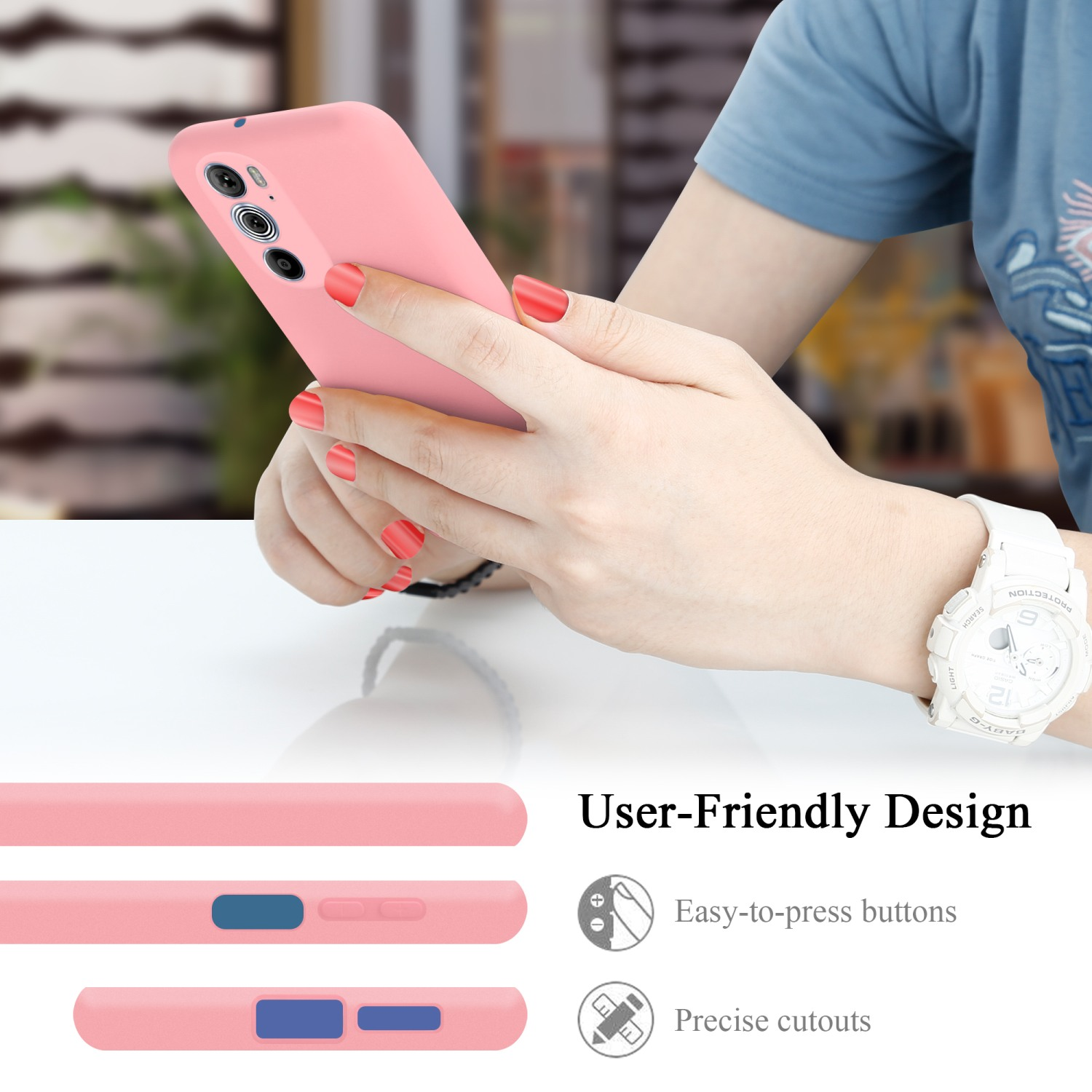 Eine Person hält ein rosa Telefon in einer rosa Hülle, mit Text über benutzerfreundliches Design.