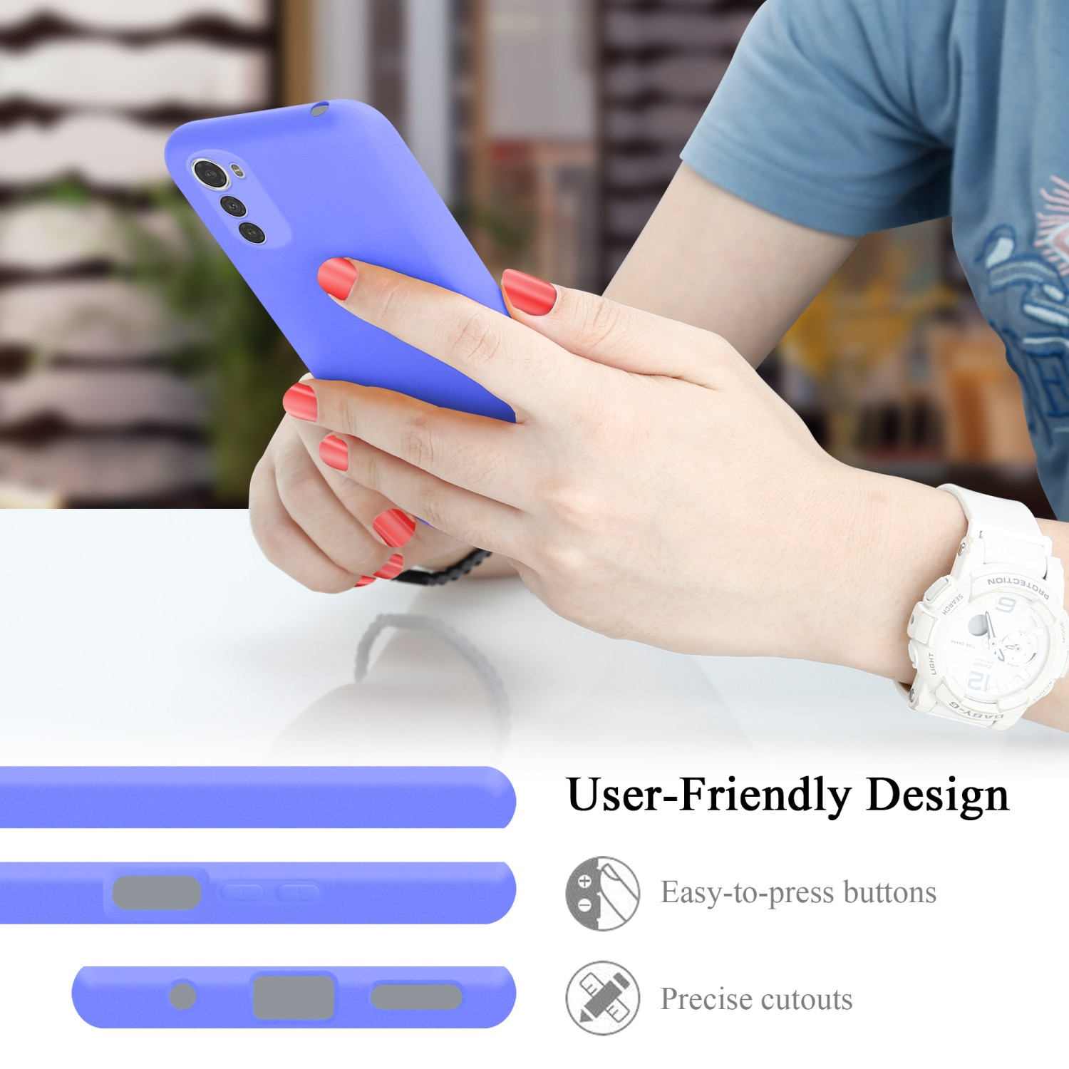 Person mit roten Nägeln hält ein lila Telefon, mit benutzerfreundlichen Designnotizen.