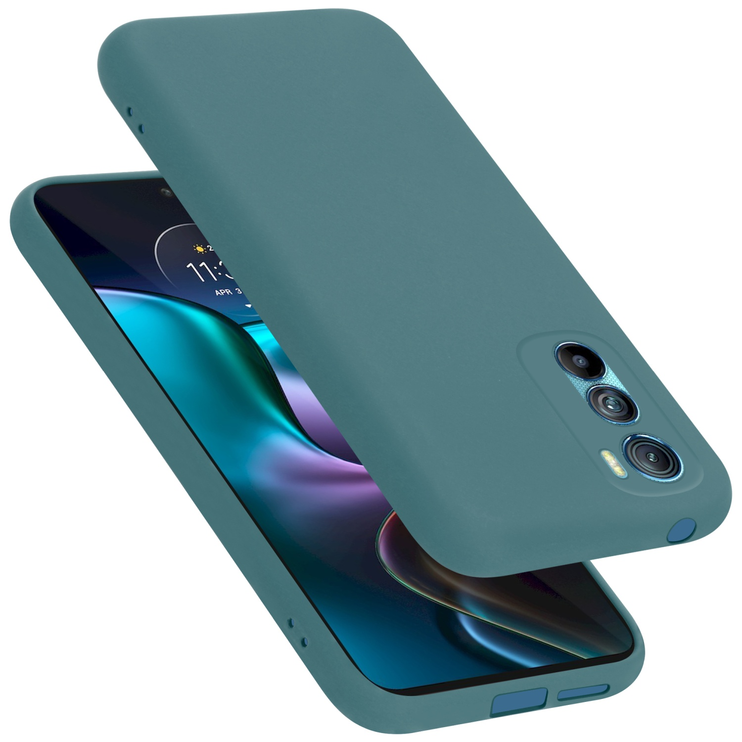 Türkisfarbene Handyhülle, offen, mit Telefon. Das Telefon hat eine türkisfarbene Hülle.