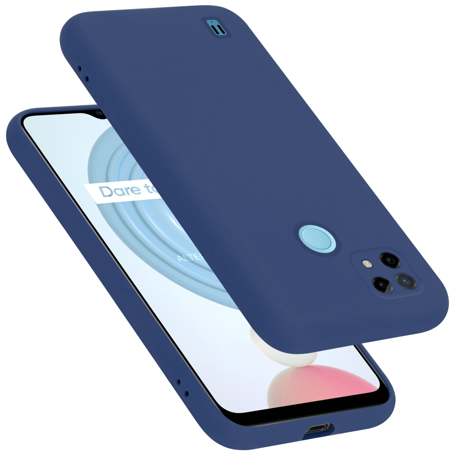 Blaue Handyhülle, Telefonbildschirm sichtbar. Eine zweite Hülle schwebt darüber.