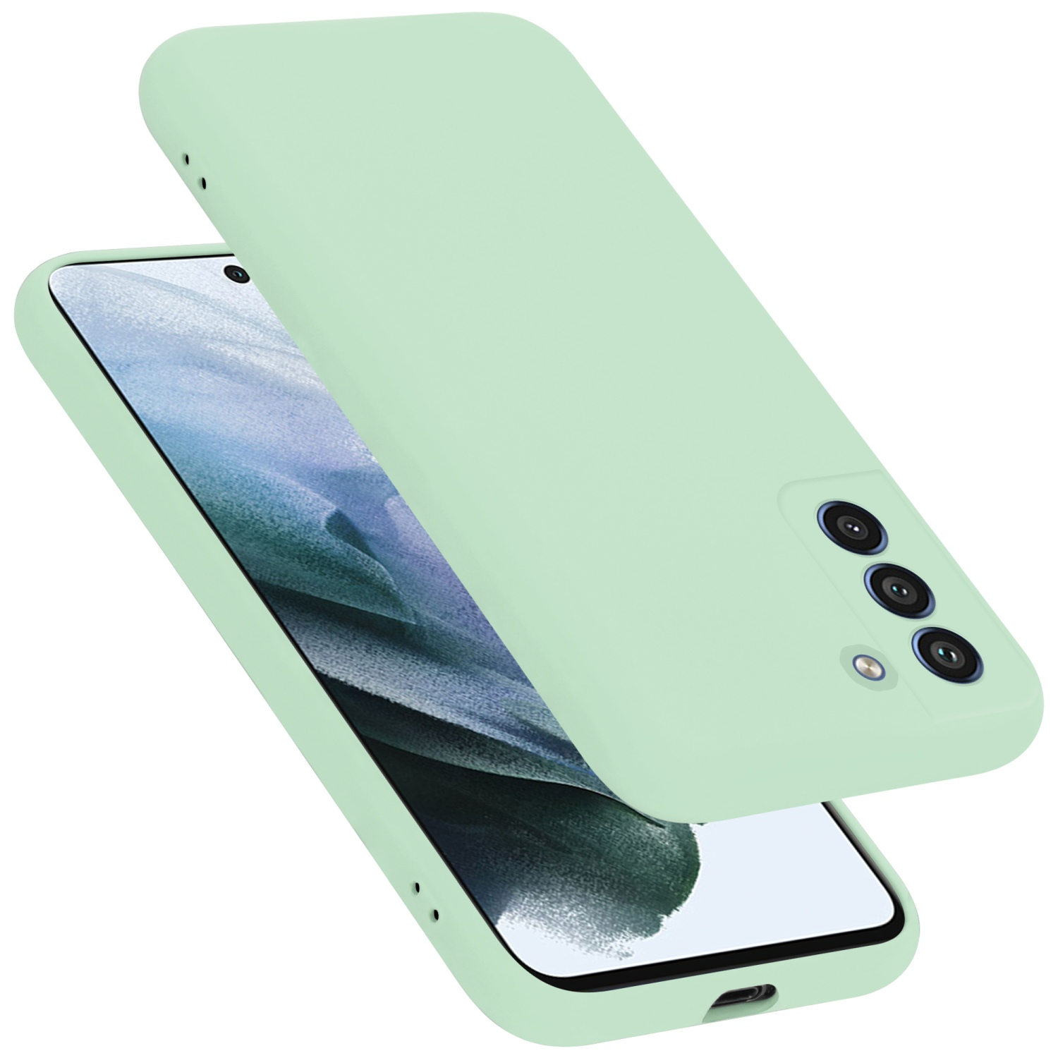Hellgrüne Handyhülle, offen, zeigt Telefon. Das Telefon ist hellgrün.