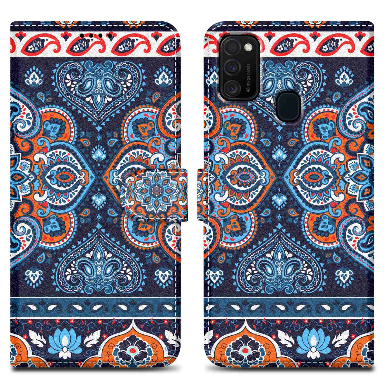 Custodia per telefono con un design colorato. La custodia è aperta e in piedi. Il design è ornato.