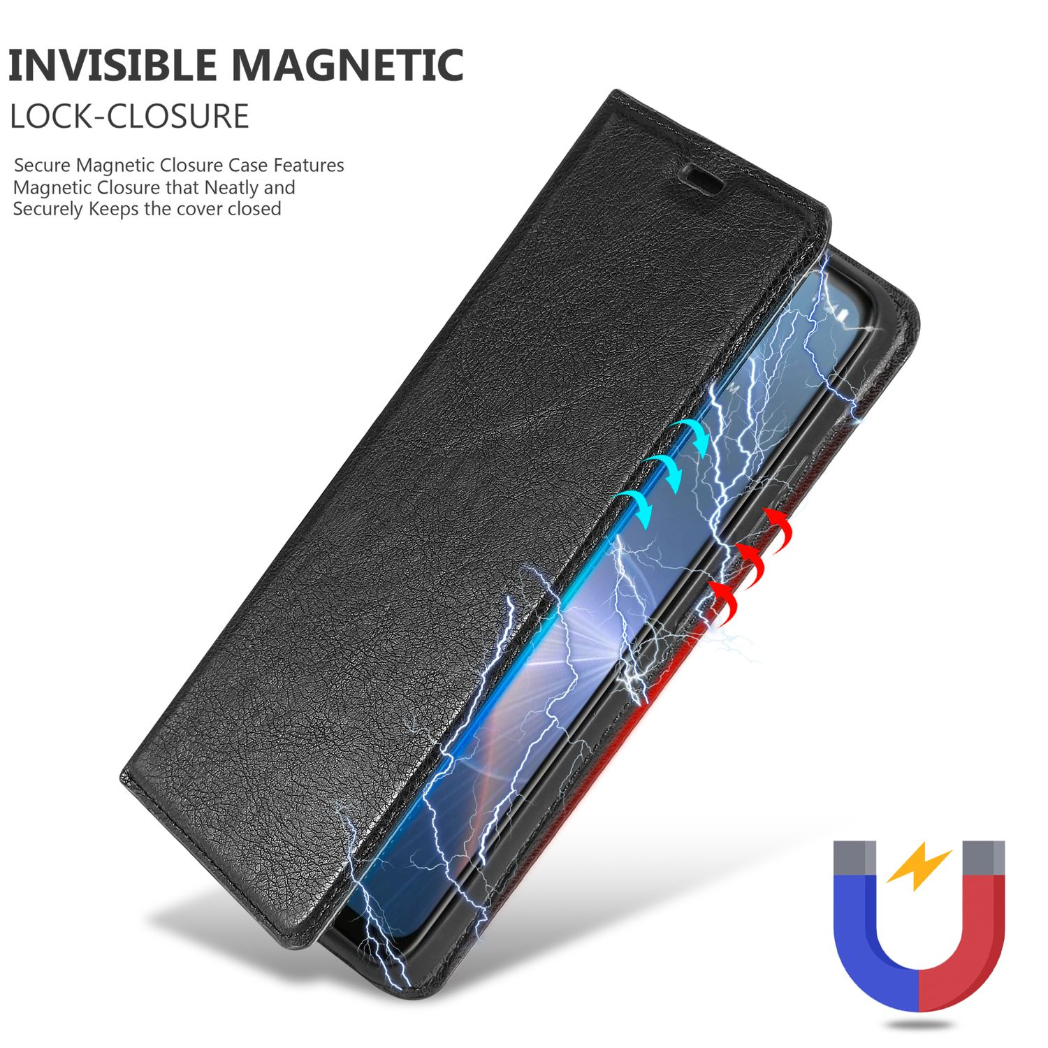 Custodia nera aperta, mostra lo schermo. Chiusura magnetica con icona magnete.